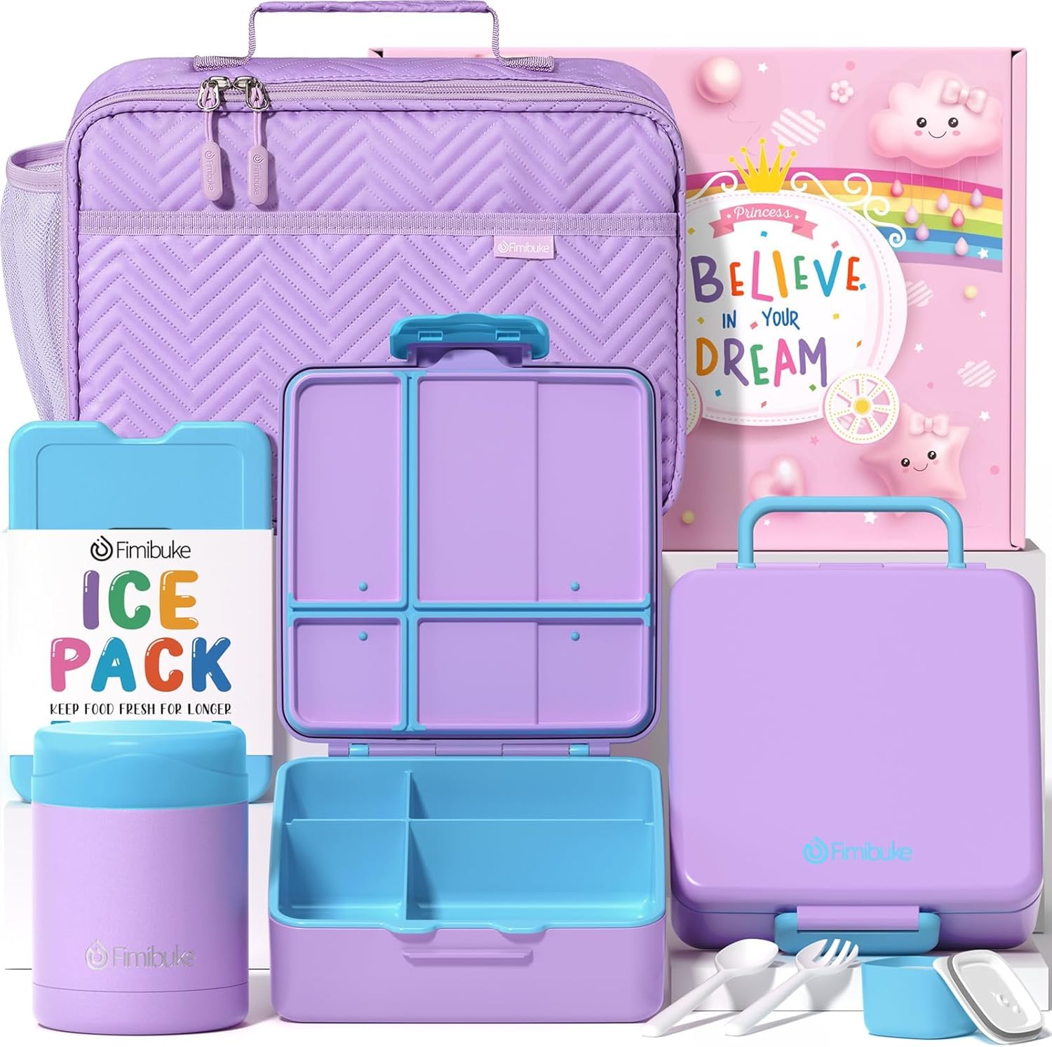 Fimibuke Kids Bento Lunch Box 4-Compartment with Insulated Bag, Vacuum Thermos & Utensils Set