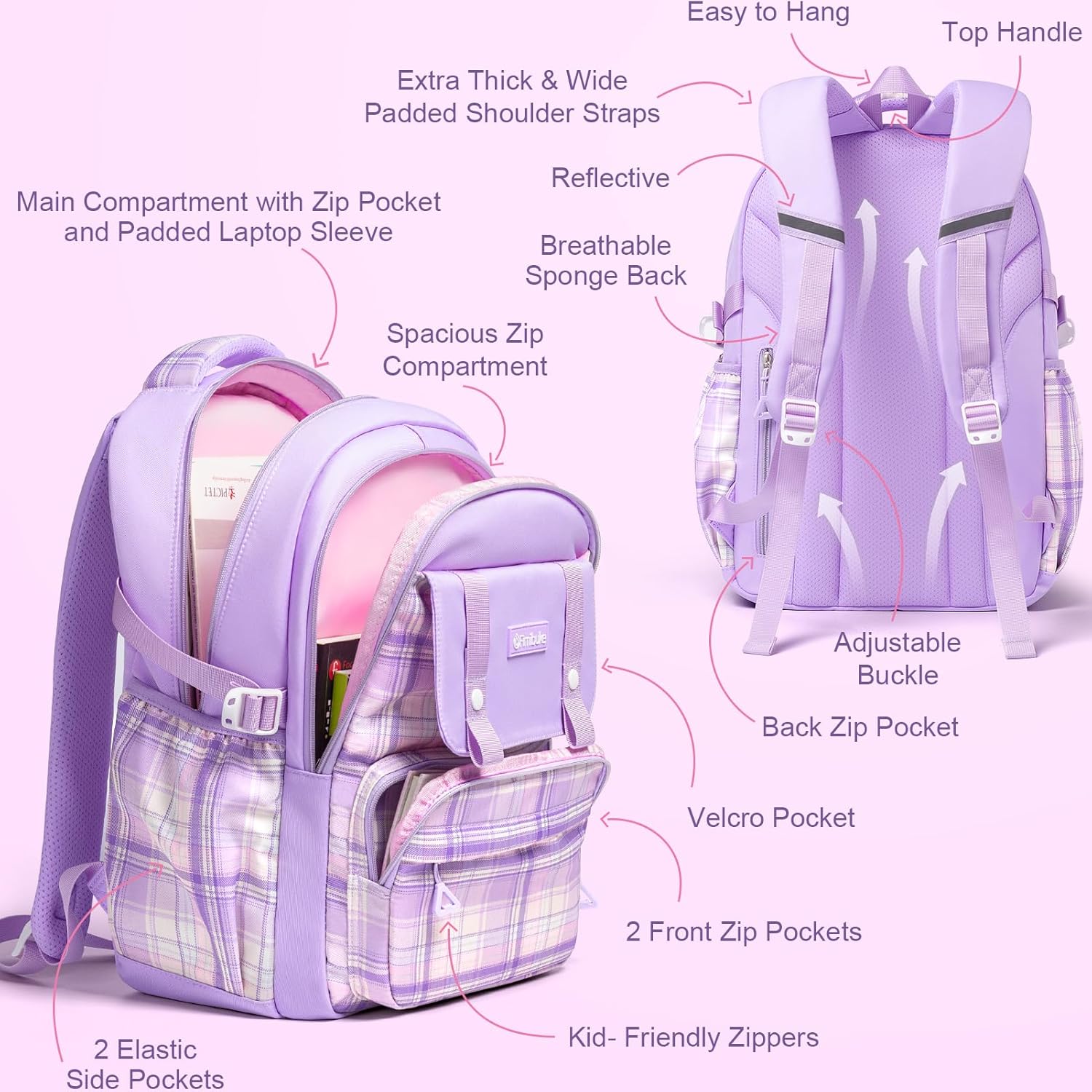 Fimibuke Girls 3PCS Waterproof Backpack Set with Lunch Box & Pencil Pouch, Black & Purple, Age 6+