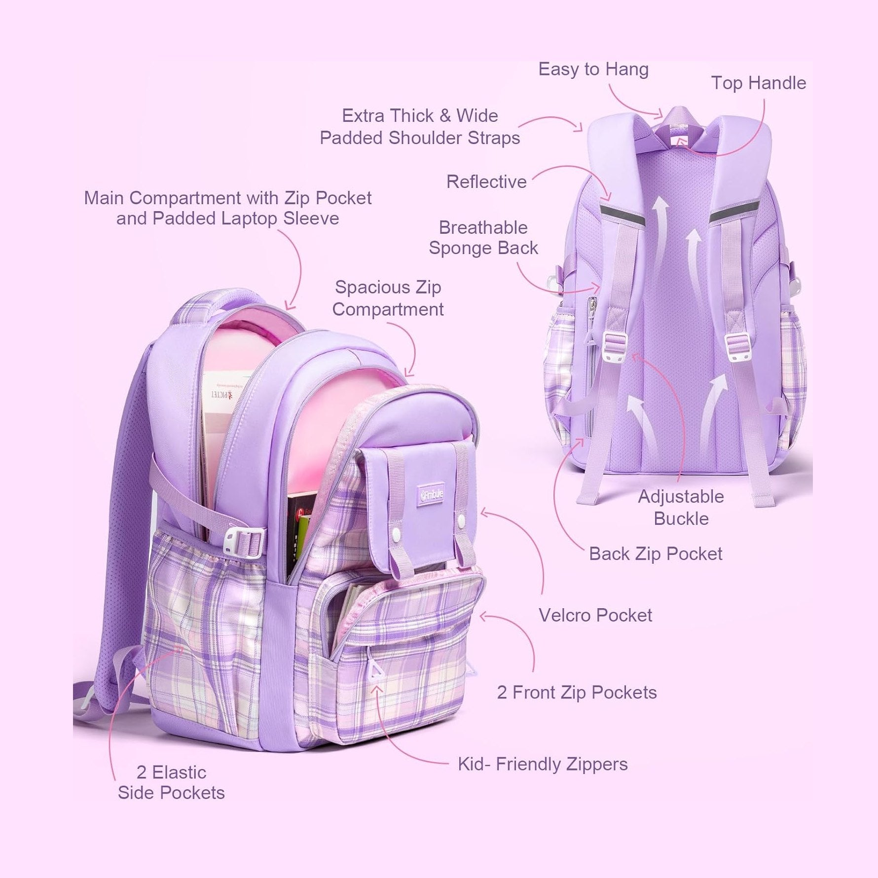 Fimibuke Girls 3-Piece Water-Resistant Backpack Set, Age 6+ - pink & Black