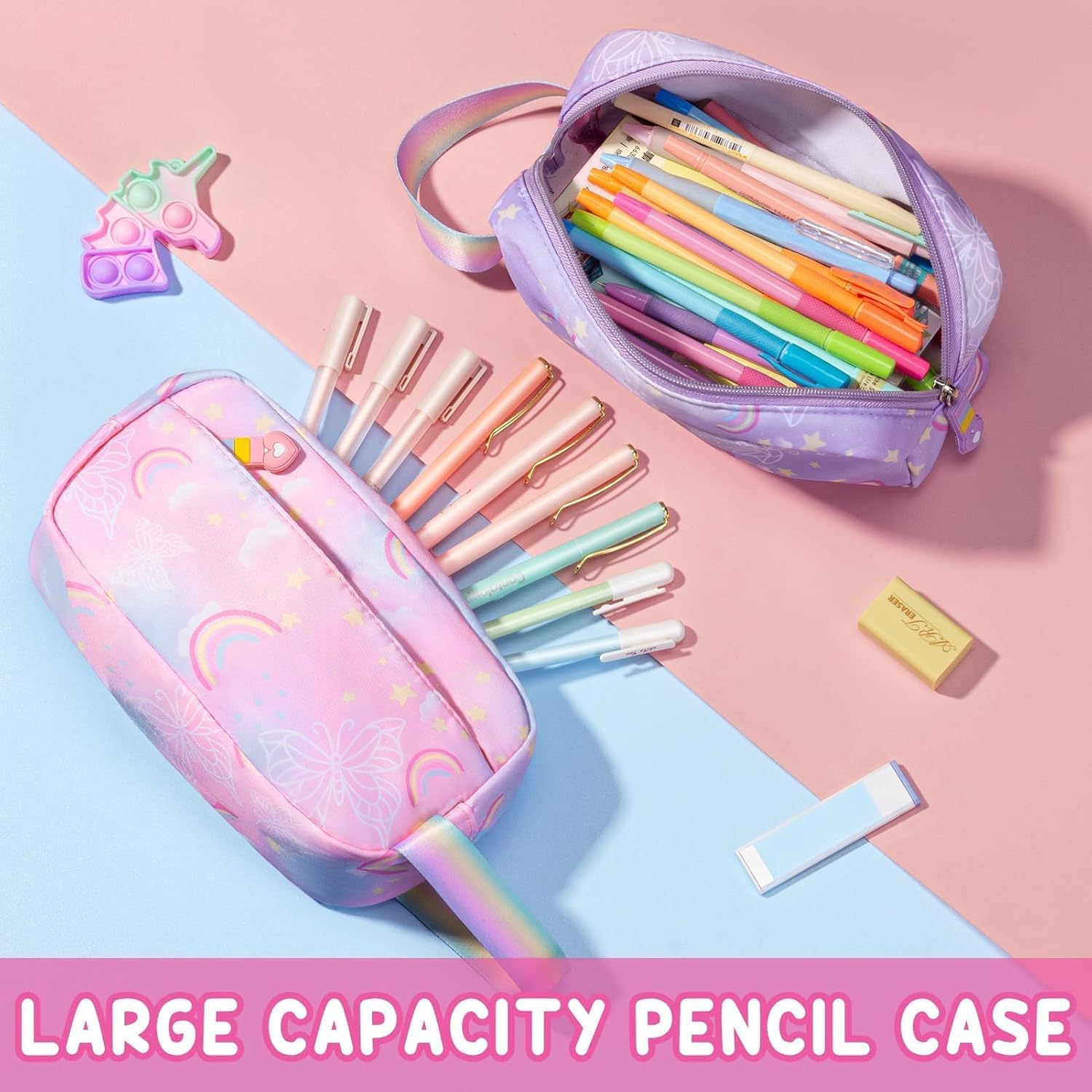 Fimibuke Girls 3PCS Backpack Set with Rainbow & Butterflies, Lunch Box & Pencil Case