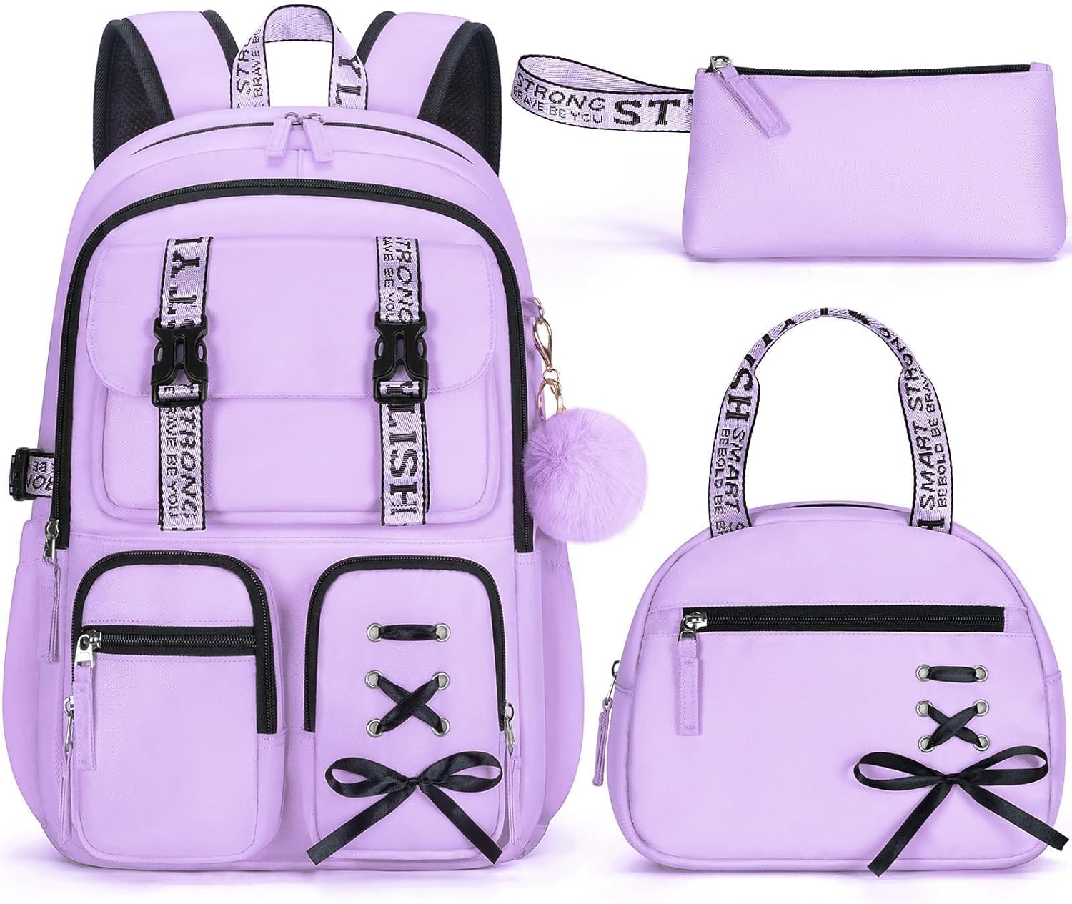 Fimibuke Girls 3PCS Waterproof Backpack Set with Lunch Box & Pencil Case, School Bookbag for Kids & Teens