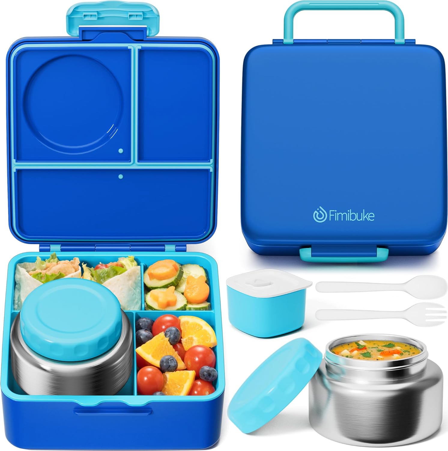 Fimibuke Bento Box for Kids & Adults, Leak-Proof with 8.5oz Insulated Thermos, Utensils & Sauce Jar, 3-4 Compartments