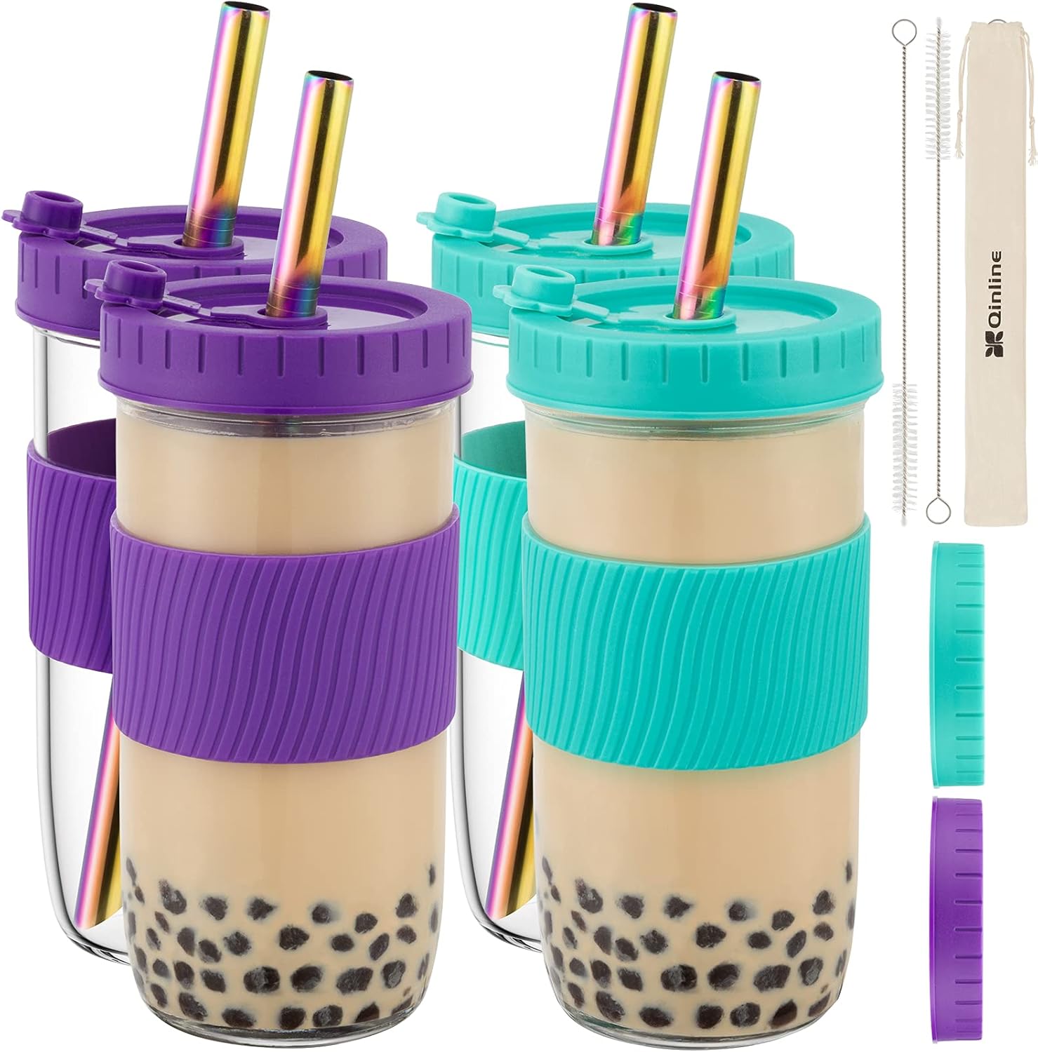 Reusable 24oz Glass Mason Jar Cups with Lids & Straws