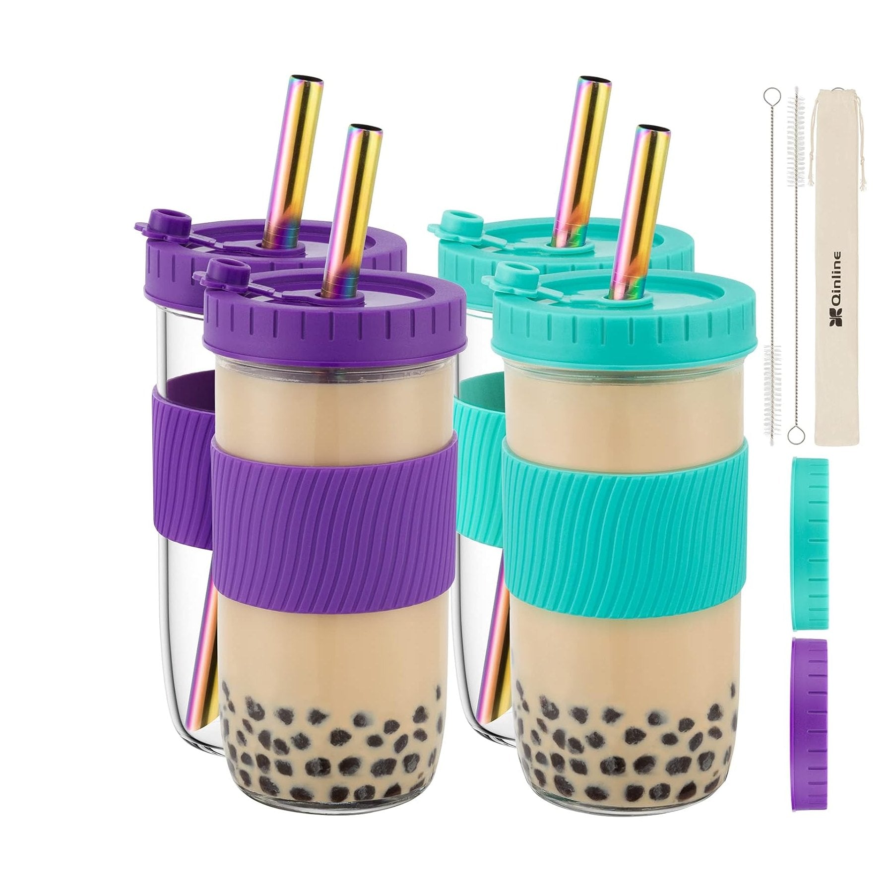 Fimibuke 24oz Glass Bubble Tea Cups with Lids & Straws, 4-Pack