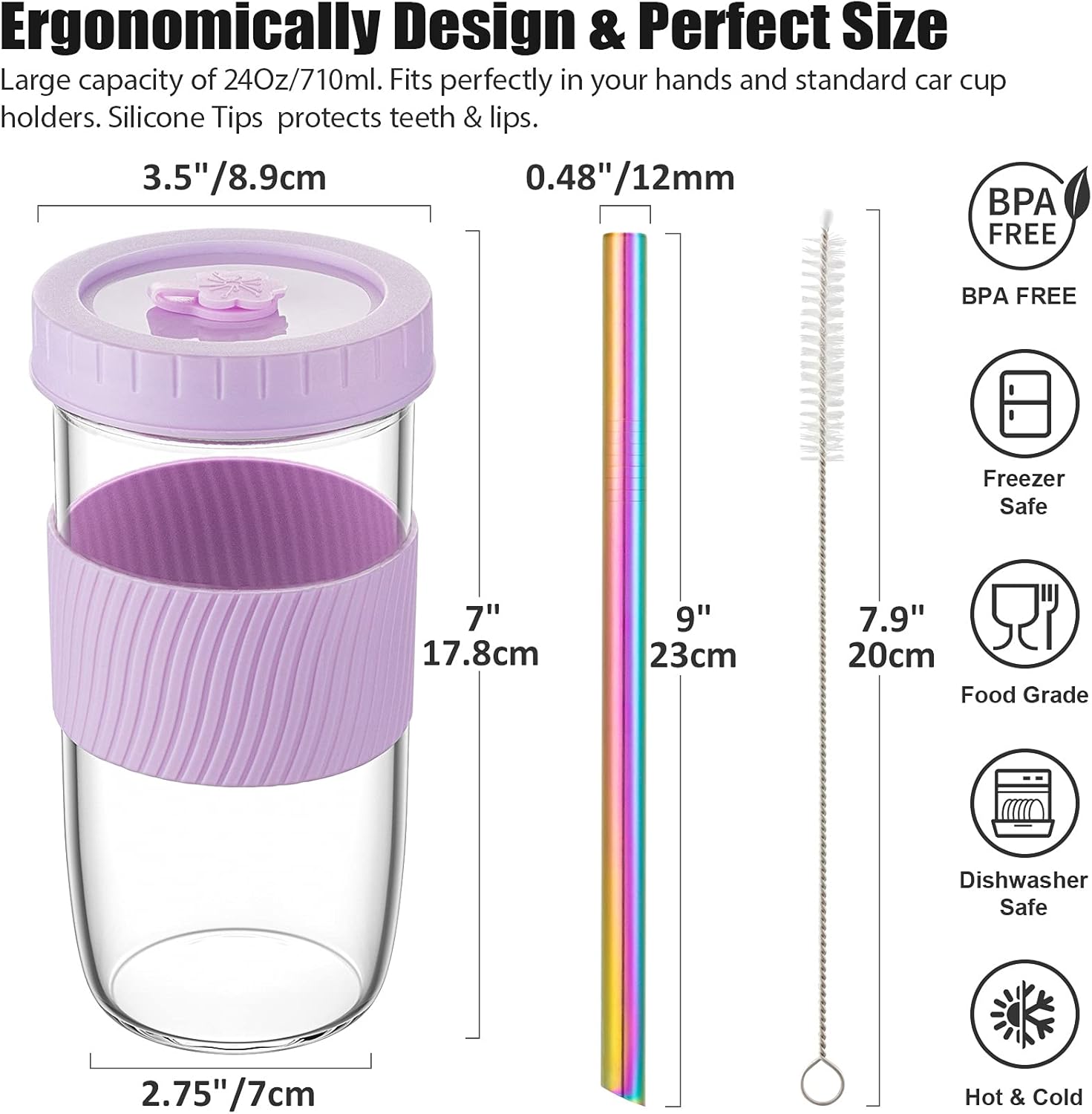 Reusable 24oz Glass Mason Jar Cups with Lids & Straws