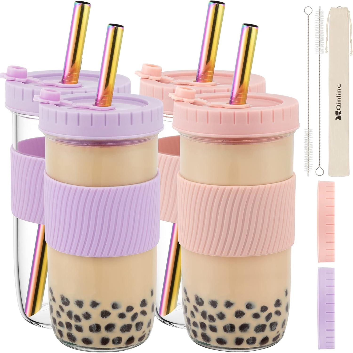 Reusable 24oz Glass Mason Jar Cups with Lids & Straws