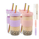 Fimibuke 24oz Glass Bubble Tea Cups with Lids & Straws, 4-Pack - black-rose-pink
