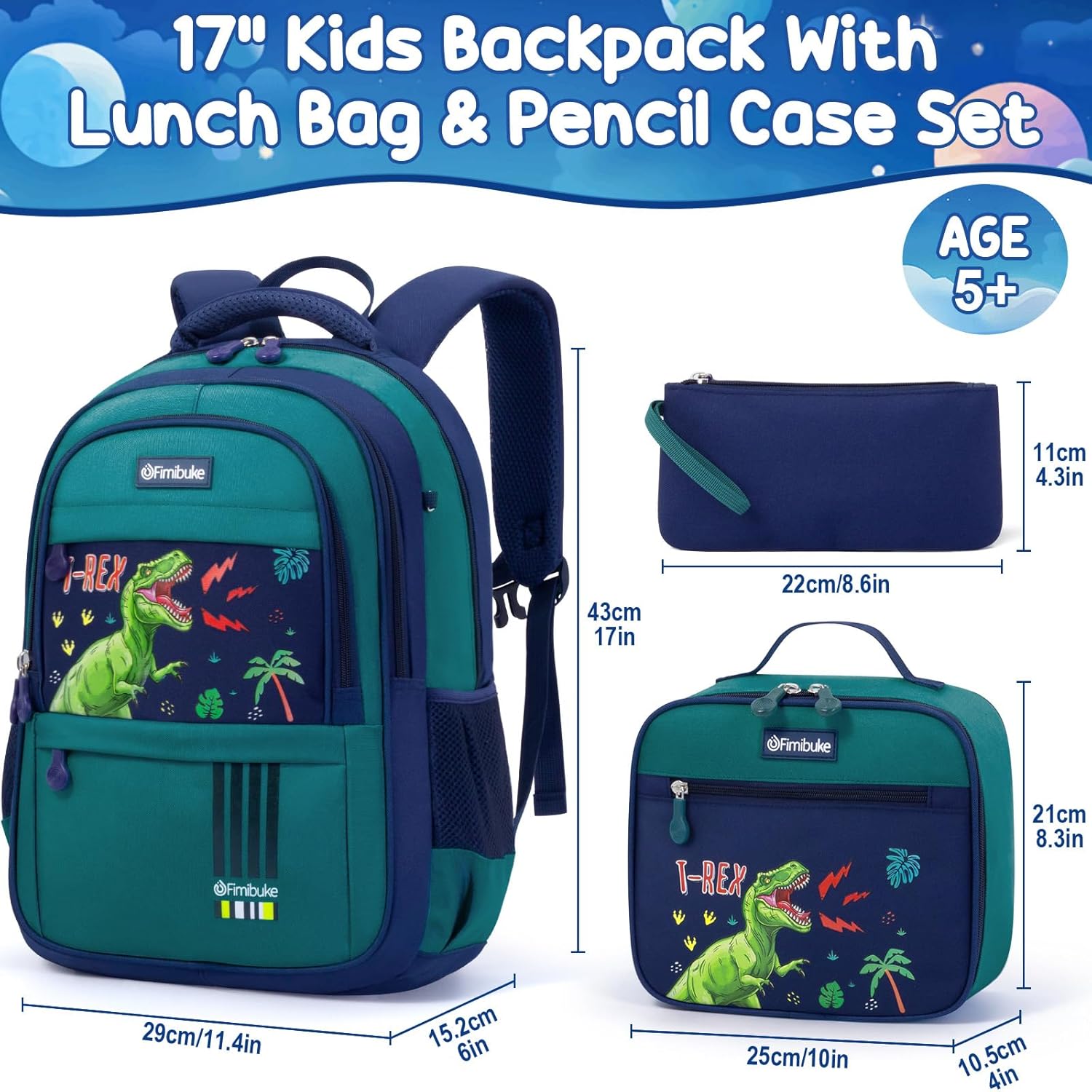 Fimibuke Boys 3-Piece Water-Resistant Backpack Set, Age 5+ - space Blue