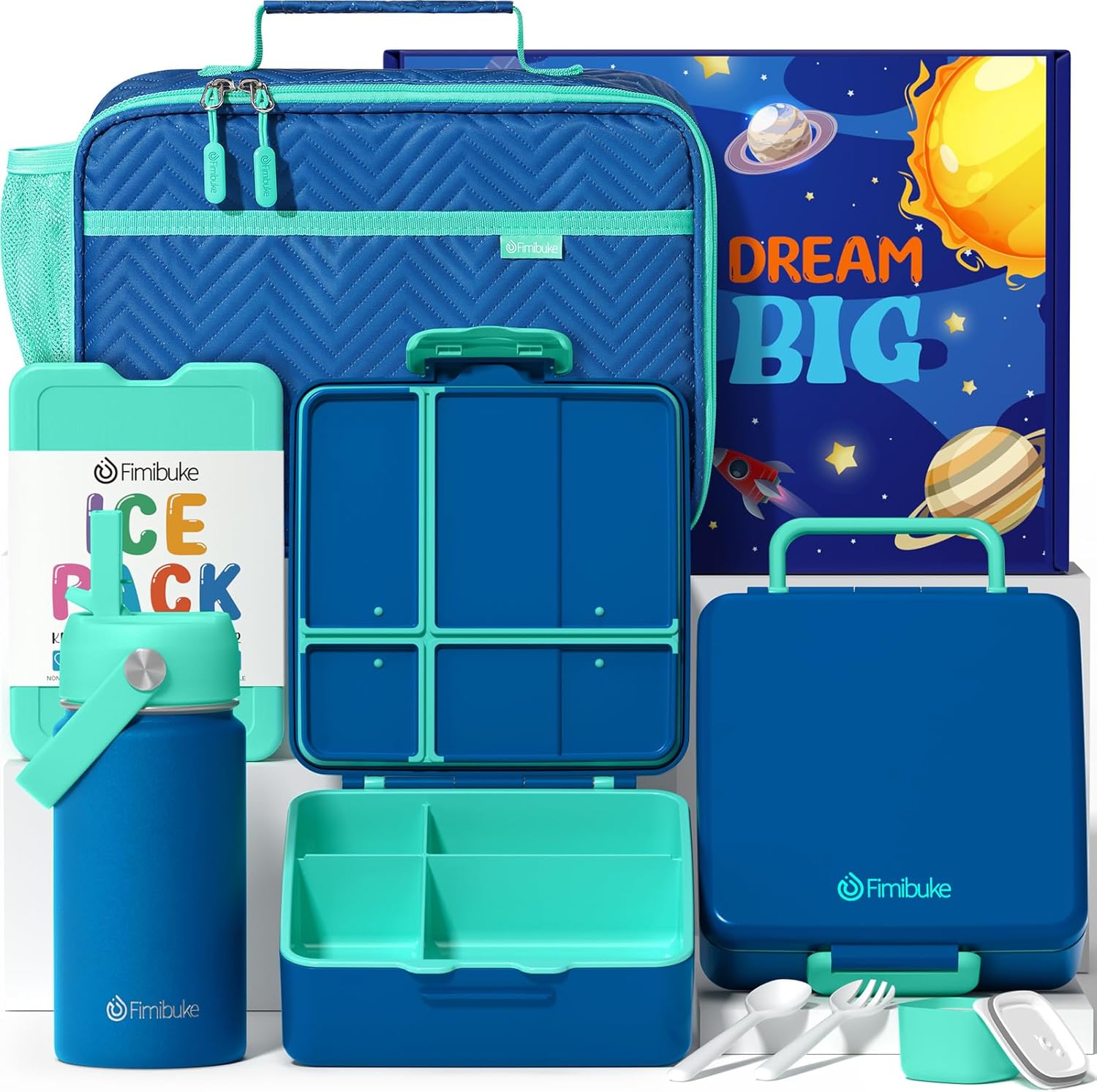 Fimibuke Kids Bento Lunch Box 4 Compartments with Insulated Bag, Stainless Steel Water Bottle, Ice Pack & Utensils Set