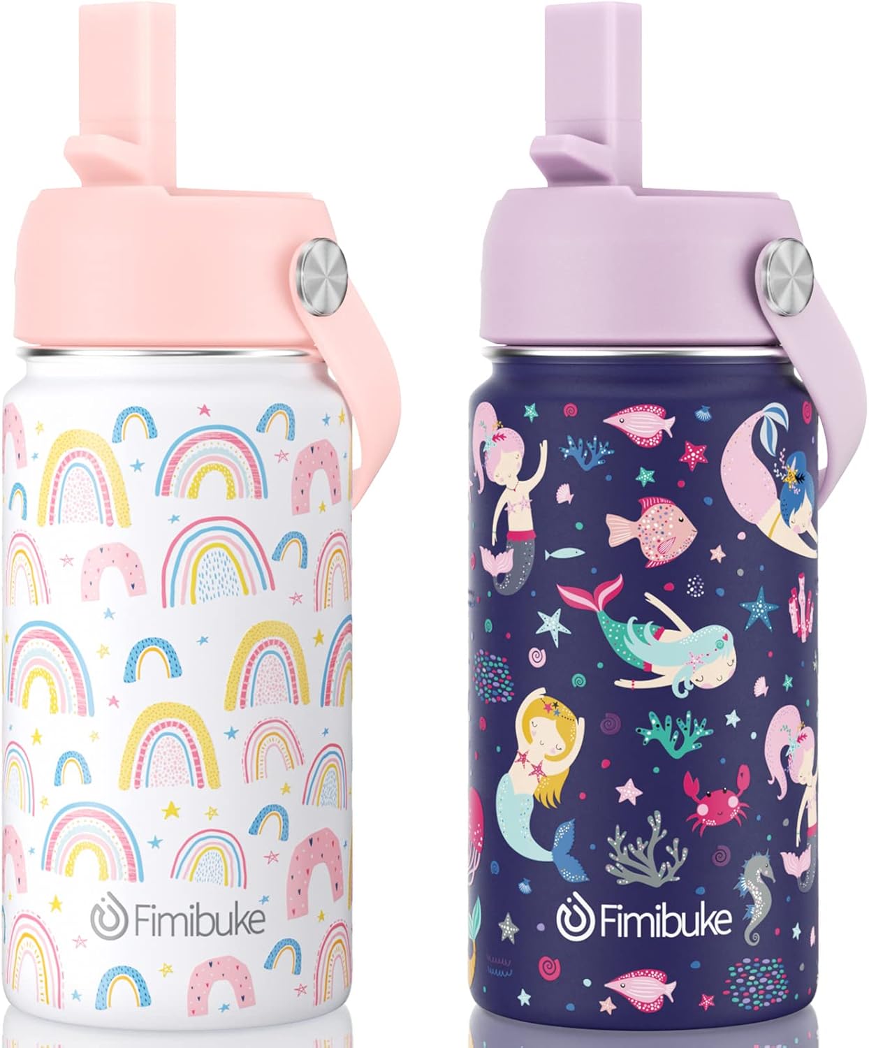 Fimibuke Kids 14oz Insulated Water Bottle, Stainless Steel Leak-Proof Cups with Straw