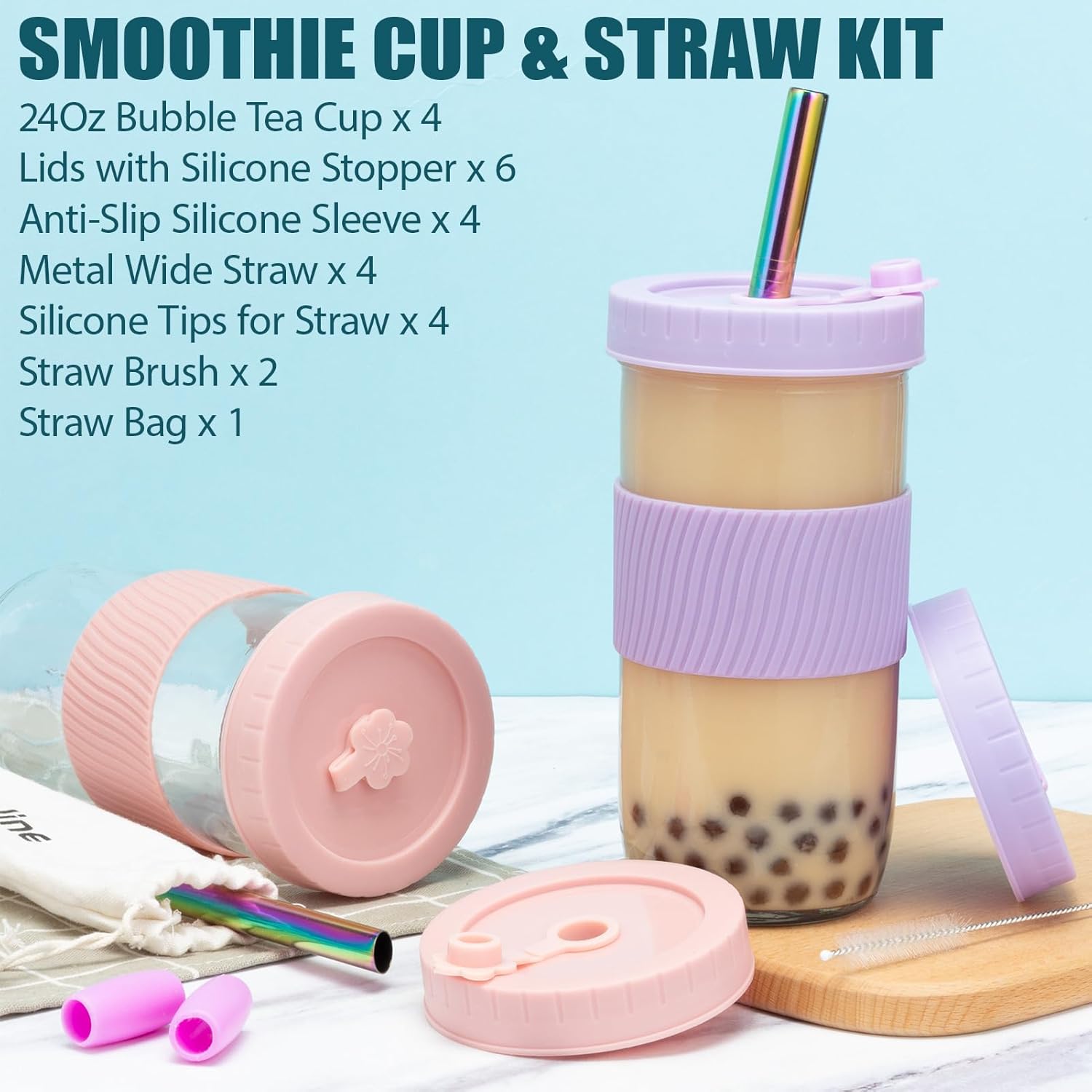 Fimibuke 24oz Glass Bubble Tea Cups with Lids & Straws, 4-Pack