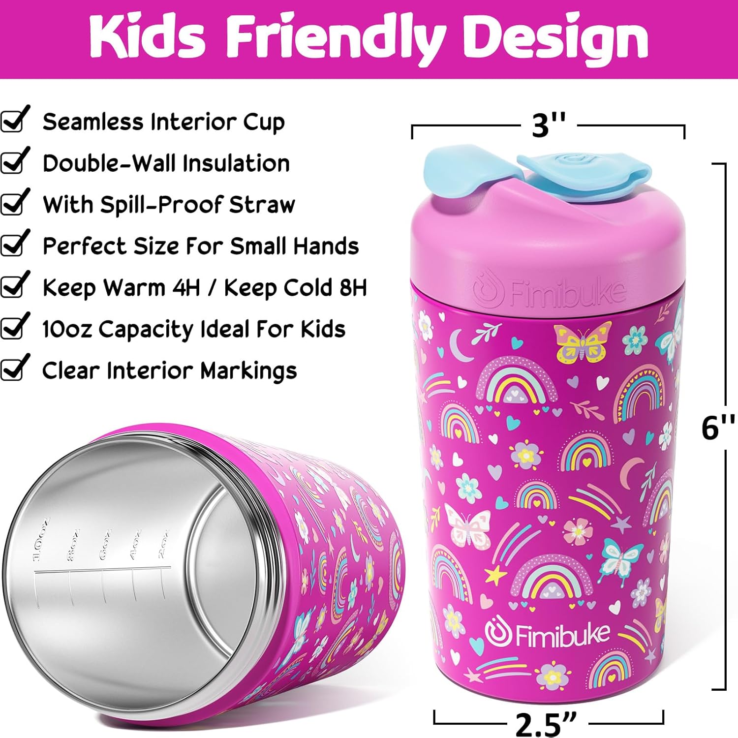 Fimibuke Kids & Toddler 10oz Spill-Proof Stainless Steel Cups with Straw