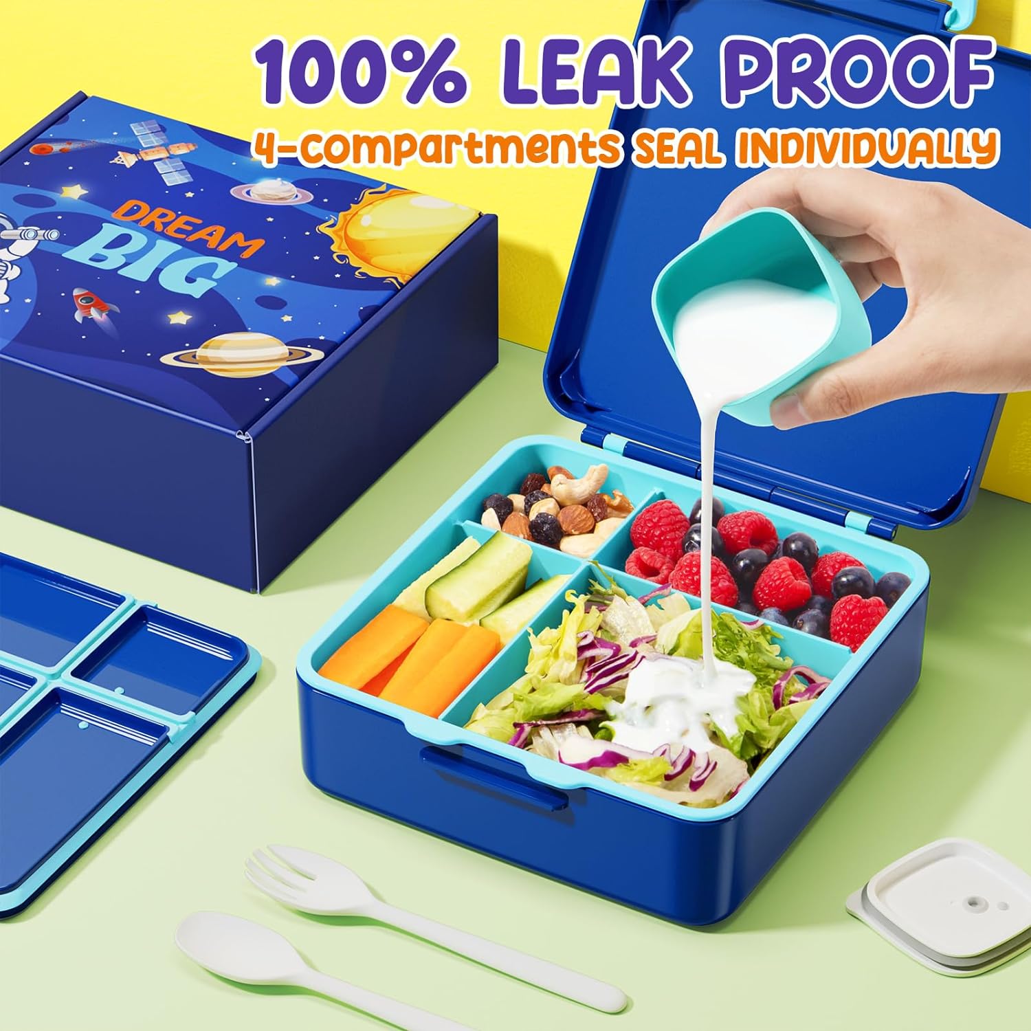 Fimibuke Kids Leak-Proof Bento Lunch Box with 4 Compartments & Utensils, BPA-Free, Dishwasher Safe