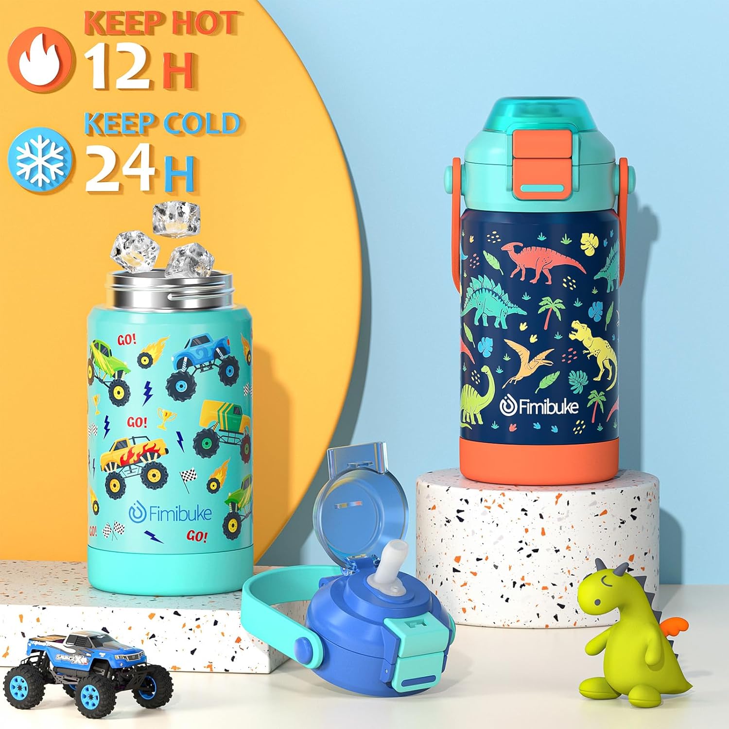 Fimibuke Kids 14oz Insulated Water Bottle with Pop-Open Straw & Spout, Leak-Proof Stainless Steel
