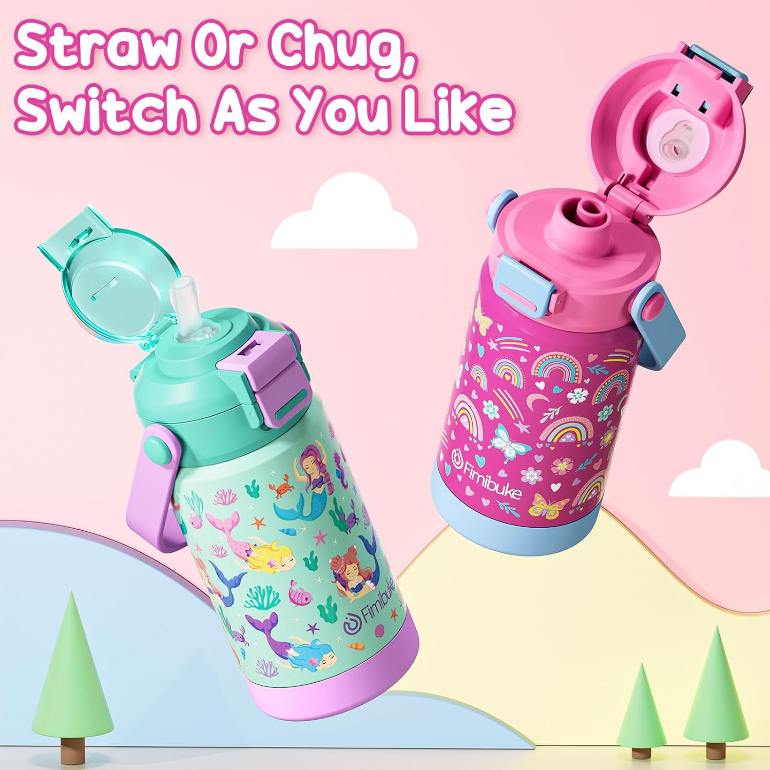 Fimibuke Kids 14oz Insulated Water Bottle with Pop-Open Straw & Spout, Leak-Proof Stainless Steel