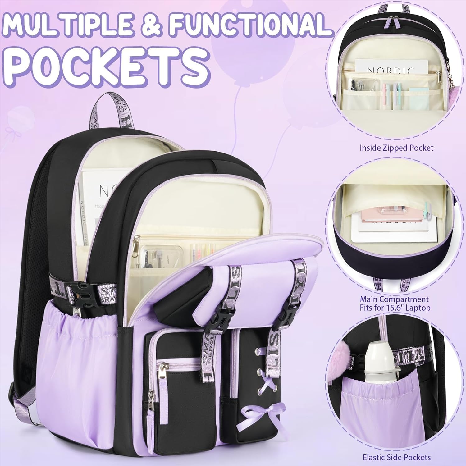 Fimibuke Girls 3PCS Waterproof Backpack Set with Lunch Box & Pencil Case, School Bookbag for Kids & Teens