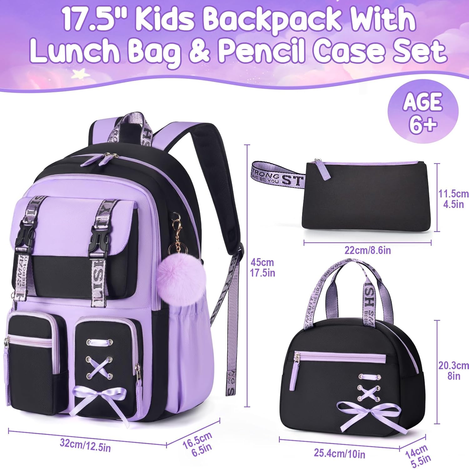 Fimibuke Girls 3-Piece Waterproof Backpack Set with Lunch Box - Black Brown