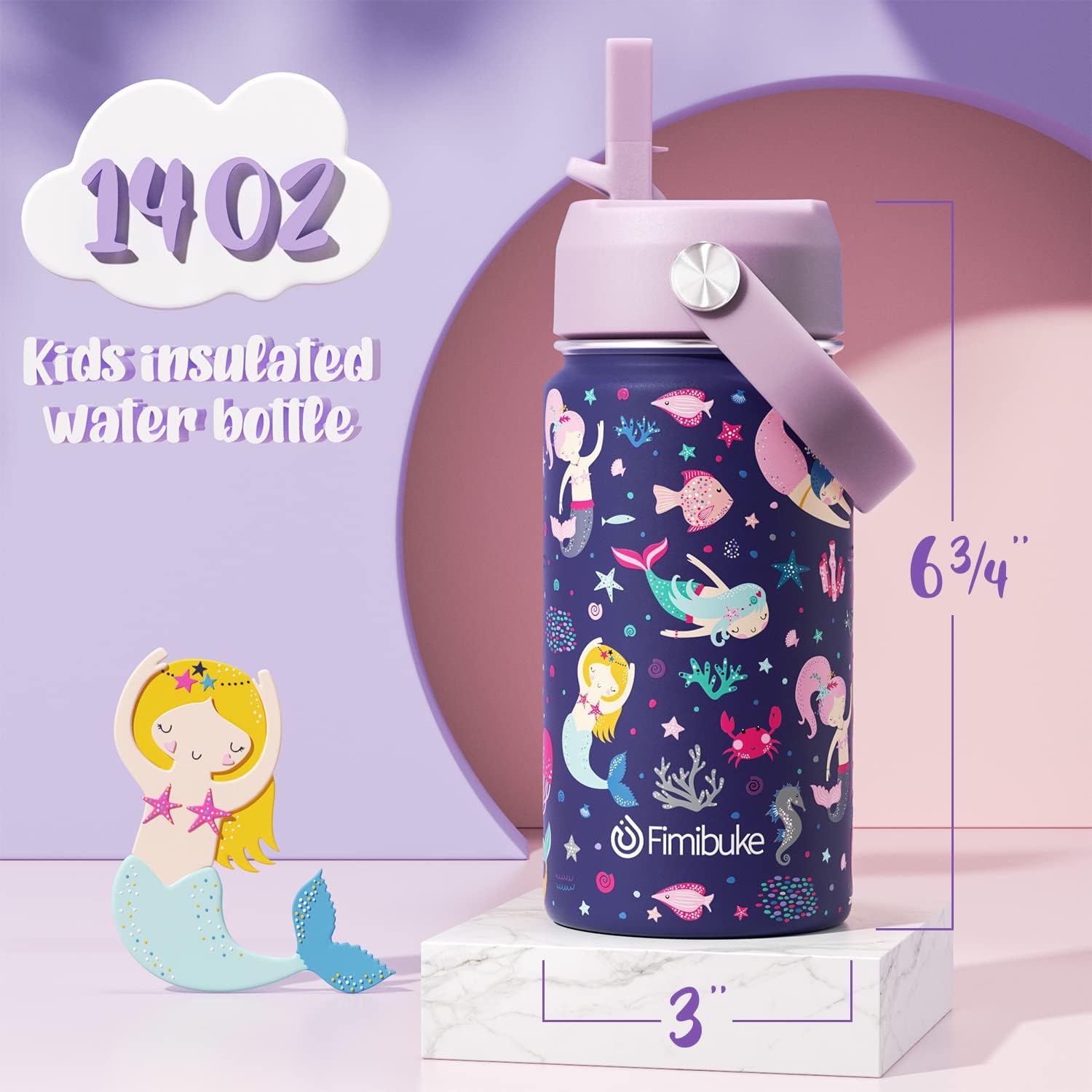 Fimibuke Kids 14oz Insulated Water Bottle, Stainless Steel Leak-Proof Cups with Straw