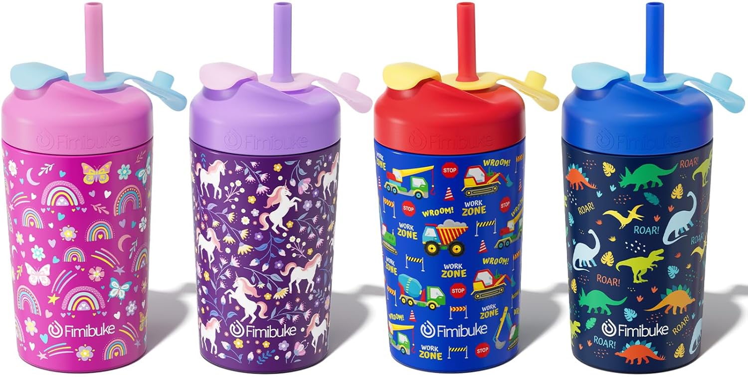 Fimibuke Kids & Toddler 10oz Spill-Proof Stainless Steel Cups with Straw
