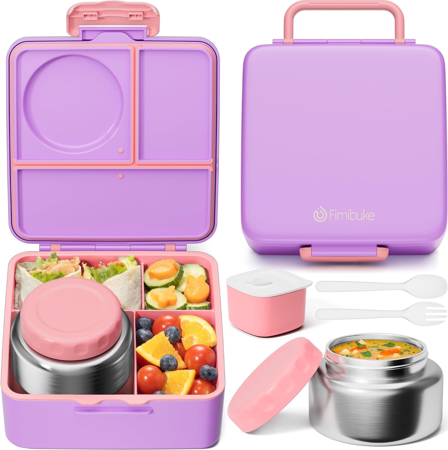Fimibuke Bento Box for Kids & Adults, Leak-Proof with 8.5oz Insulated Thermos, Utensils & Sauce Jar, 3-4 Compartments