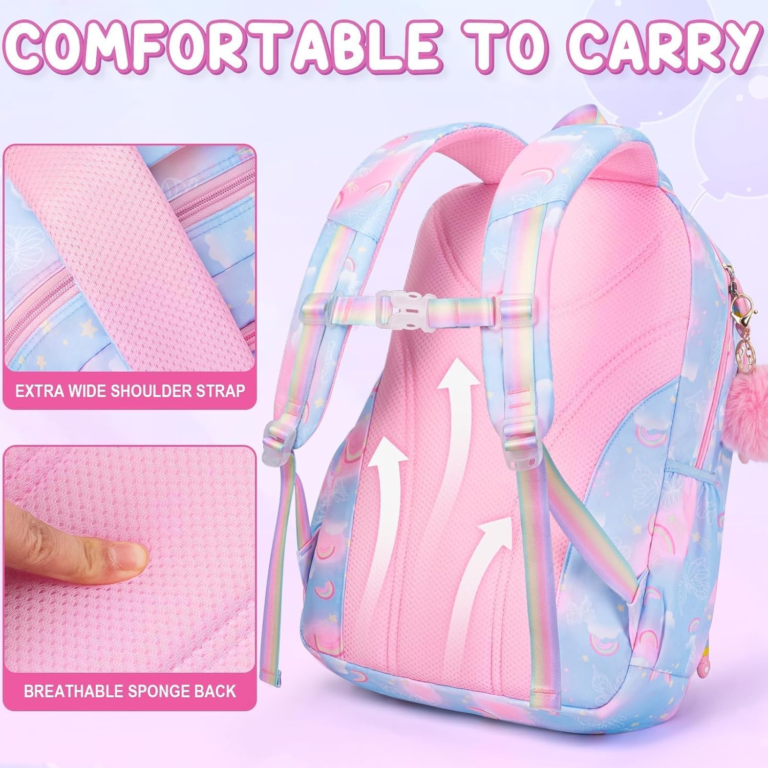Fimibuke Girls 3PCS Backpack Set with Rainbow & Butterflies, Lunch Box & Pencil Case