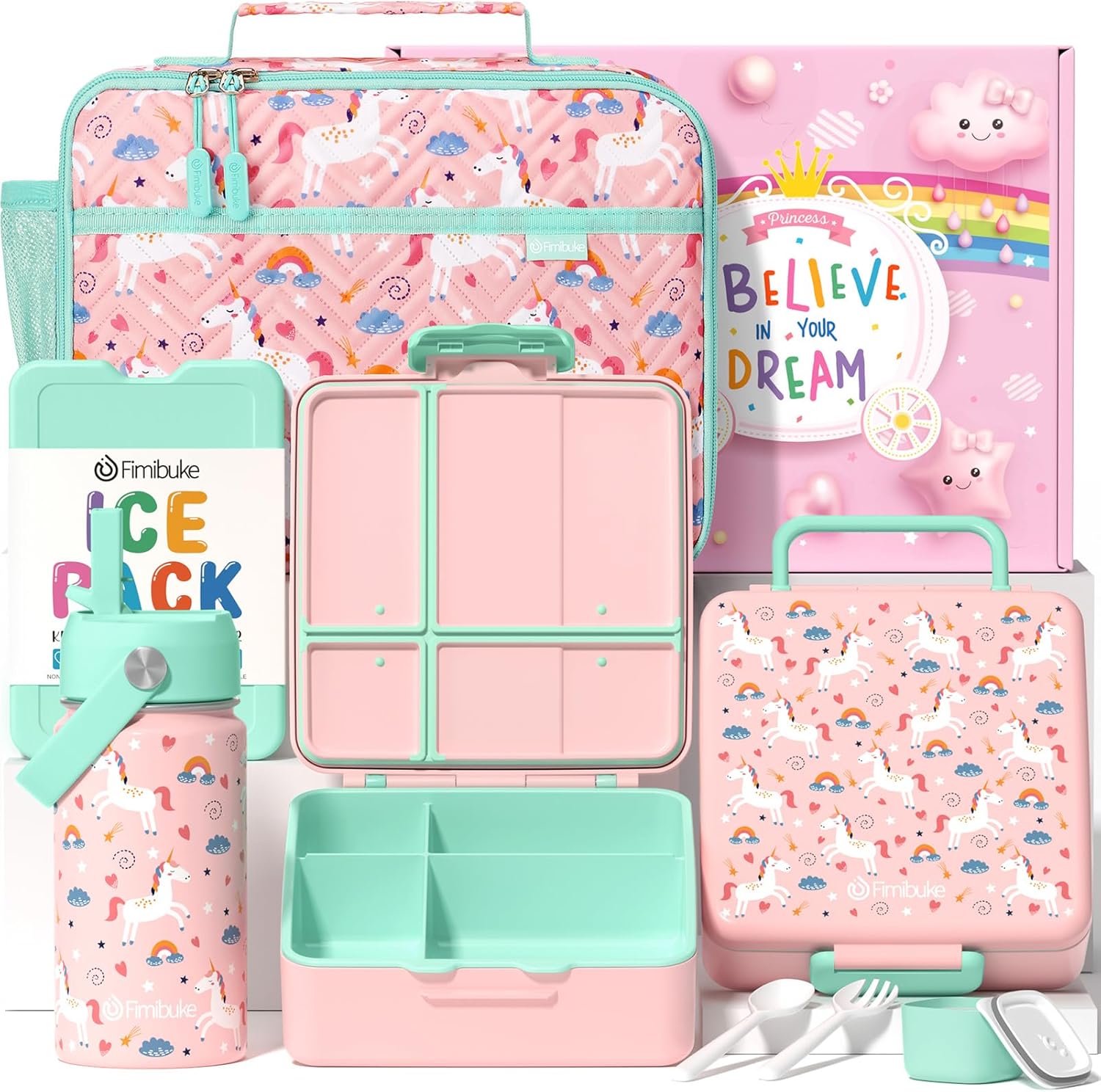 Fimibuke Kids Bento Lunch Box 4 Compartments with Insulated Bag, Stainless Steel Water Bottle, Ice Pack & Utensils Set