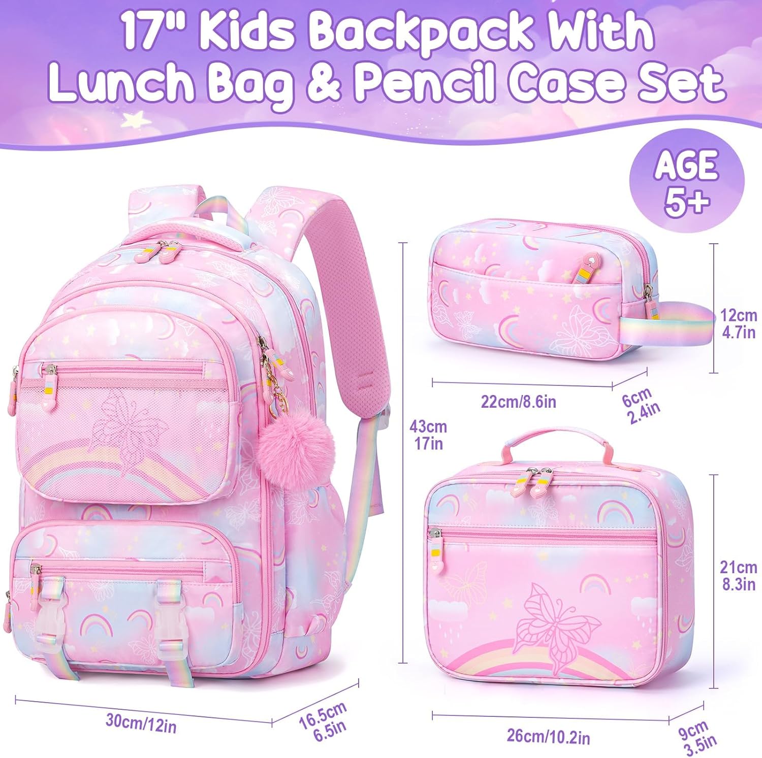 Fimibuke Girls 3PCS Backpack Set with Rainbow & Butterflies, Lunch Box & Pencil Case