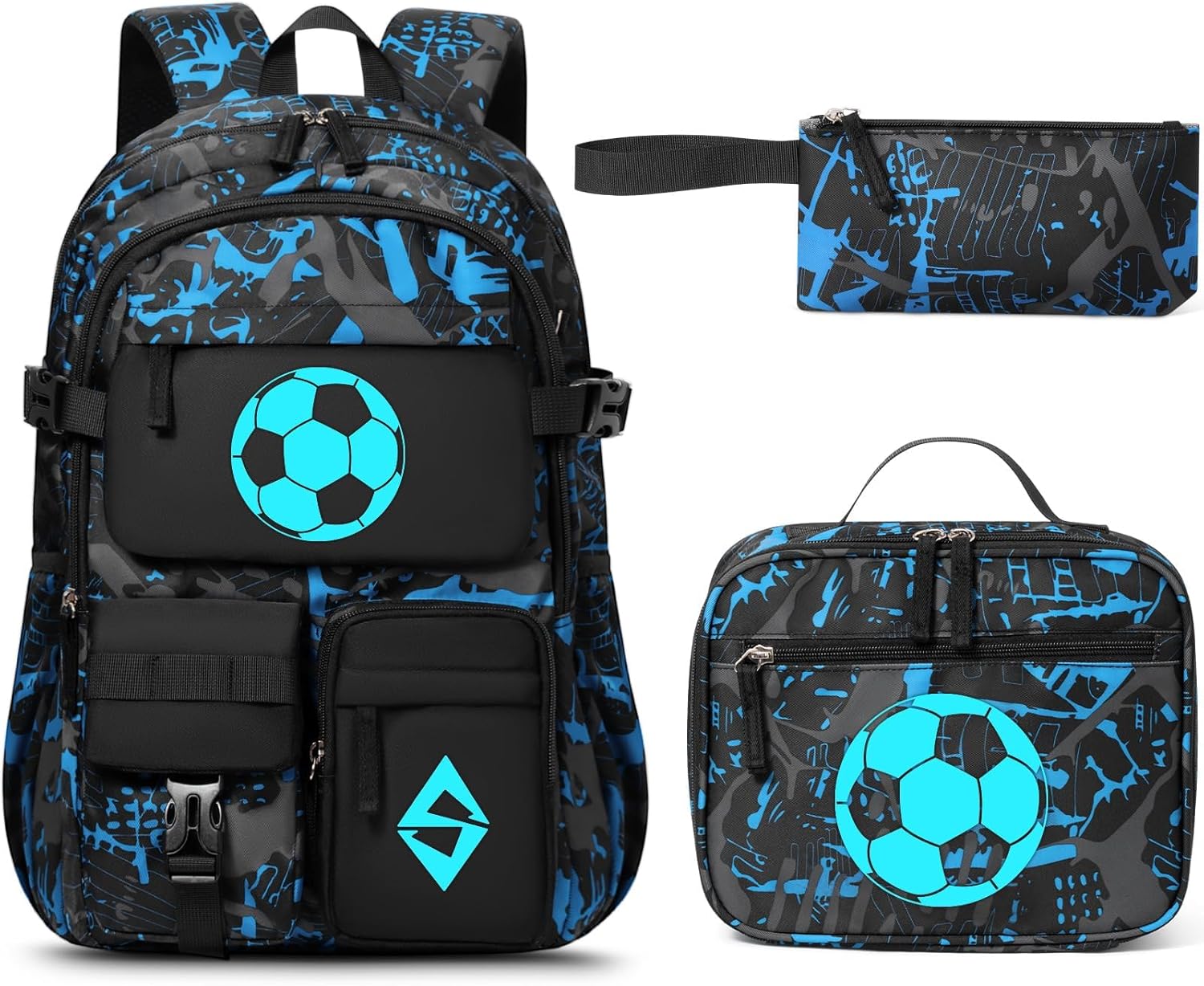 Fimibuke Boys 3PCS Glow-in-the-Dark Backpack Set with Lunch Box & Pencil Pouch
