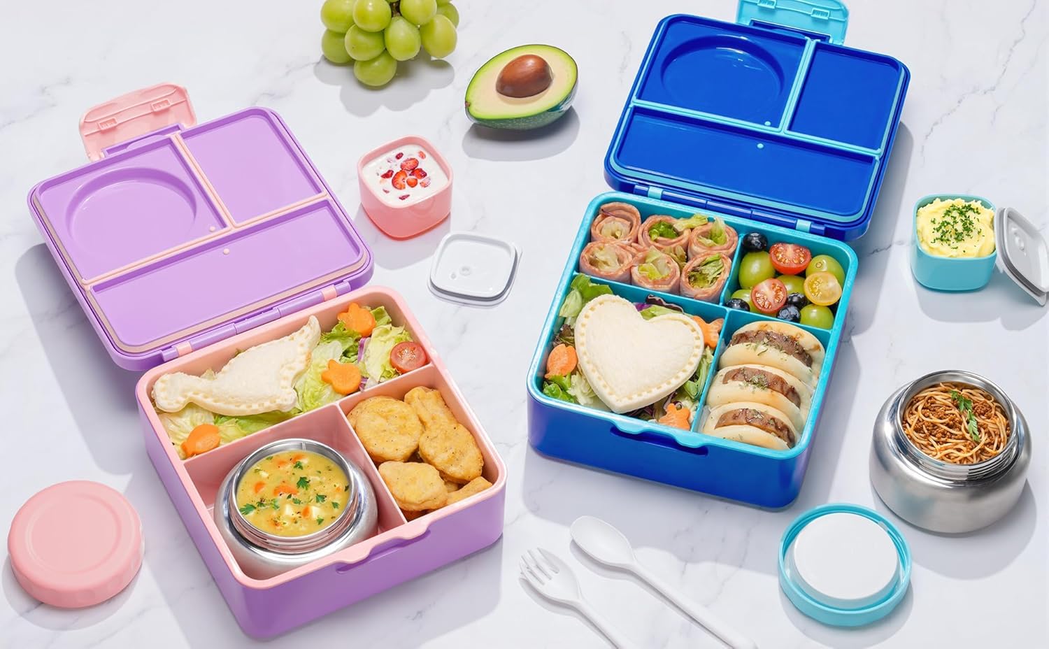 Fimibuke Bento Box for Kids & Adults, Leak-Proof with 8.5oz Insulated Thermos, Utensils & Sauce Jar, 3-4 Compartments