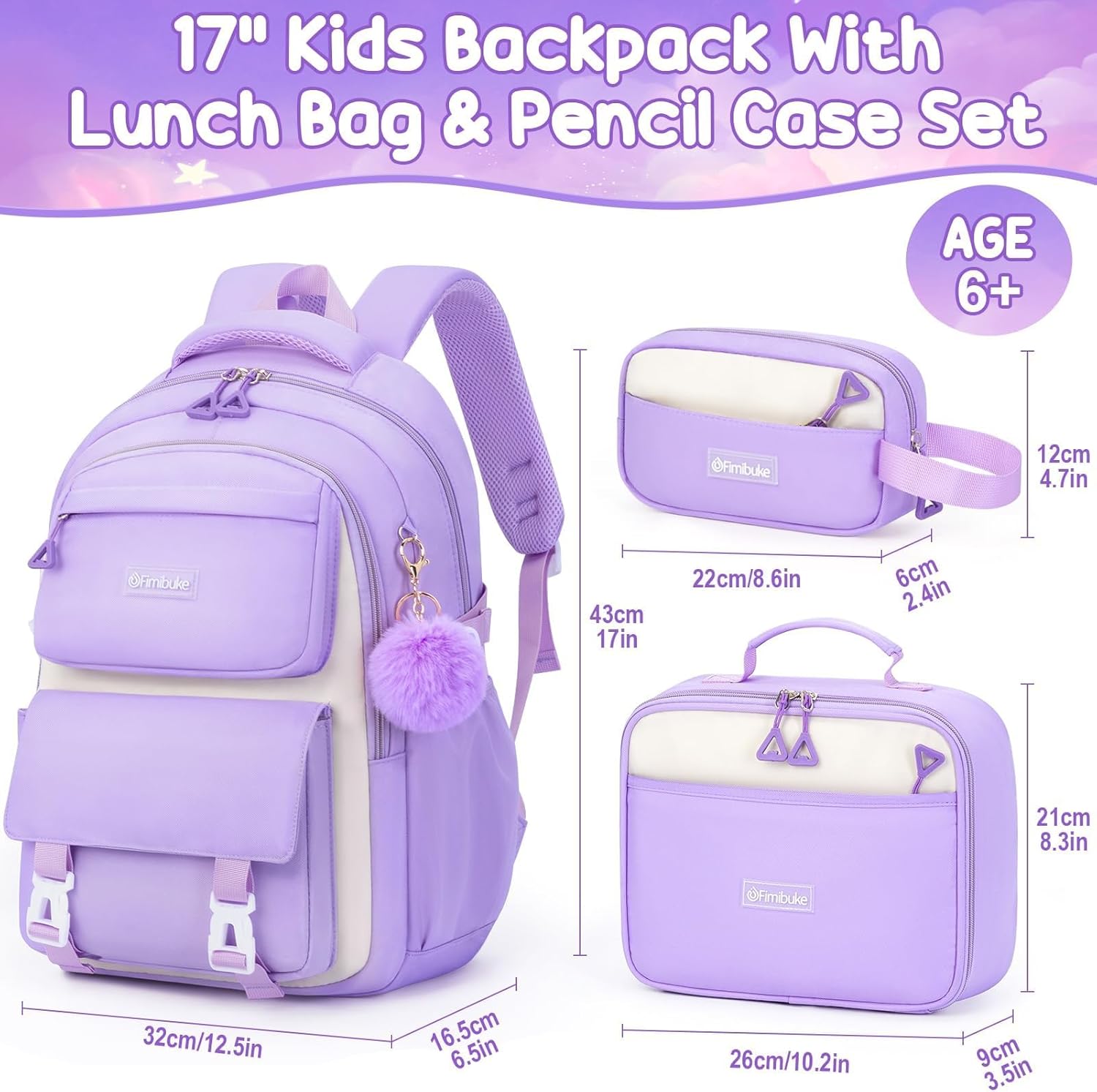 Fimibuke Girls 3PCS Waterproof School Backpack Set with Lunch Box & Pencil Pouch, Ages 6+