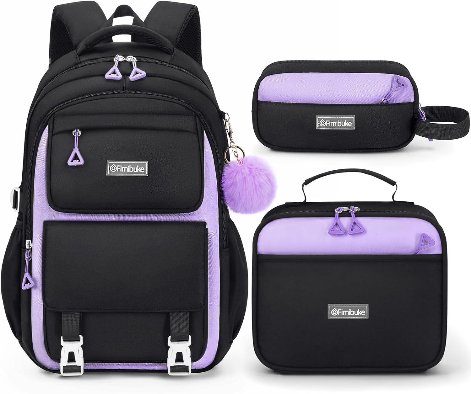 Fimibuke Girls 3PCS Waterproof School Backpack Set with Lunch Box & Pencil Pouch, Ages 6+