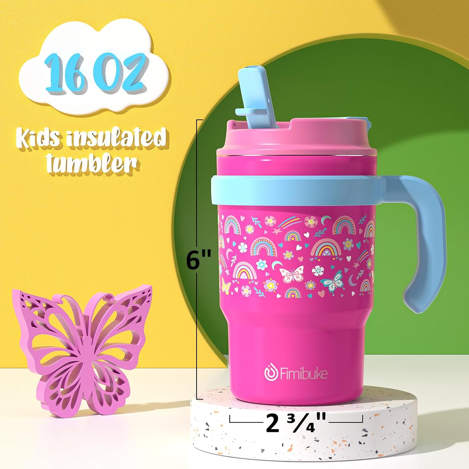 Fimibuke Kids 16oz Insulated Tumbler with Handle & Straw, Leak-Proof Stainless Steel Cup