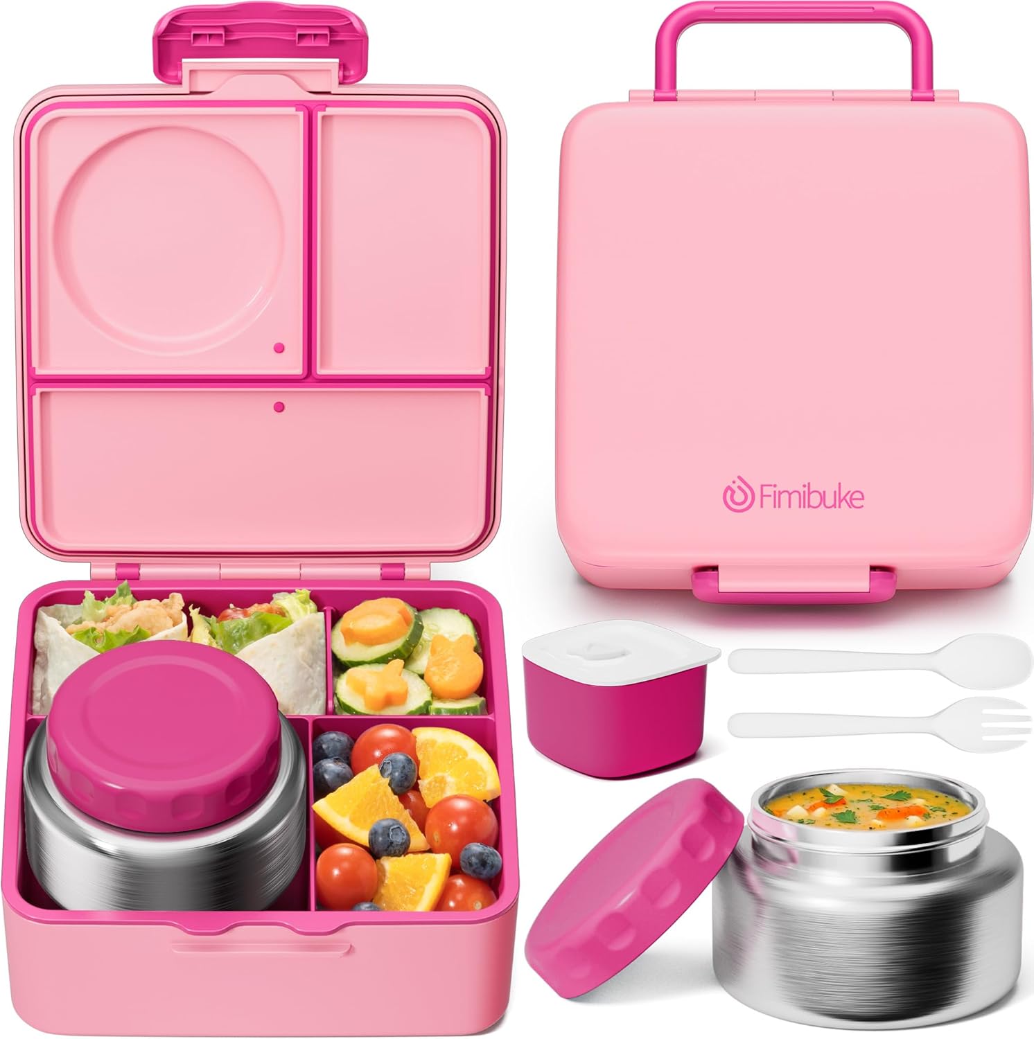 Fimibuke Bento Box for Kids & Adults, Leak-Proof with 8.5oz Insulated Thermos, Utensils & Sauce Jar, 3-4 Compartments