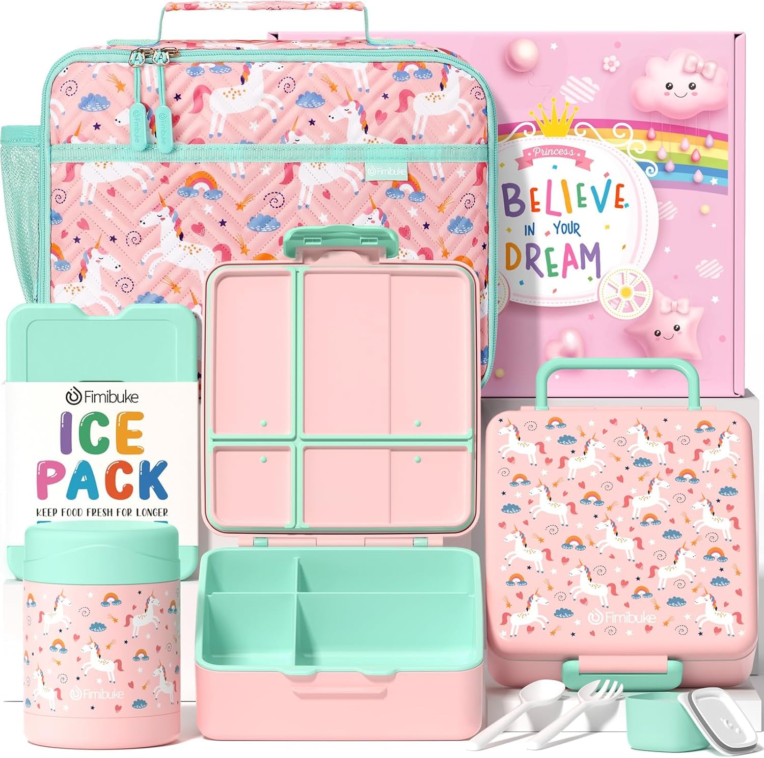 Fimibuke Kids Bento Lunch Box 4-Compartment with Insulated Bag, Vacuum Thermos & Utensils Set