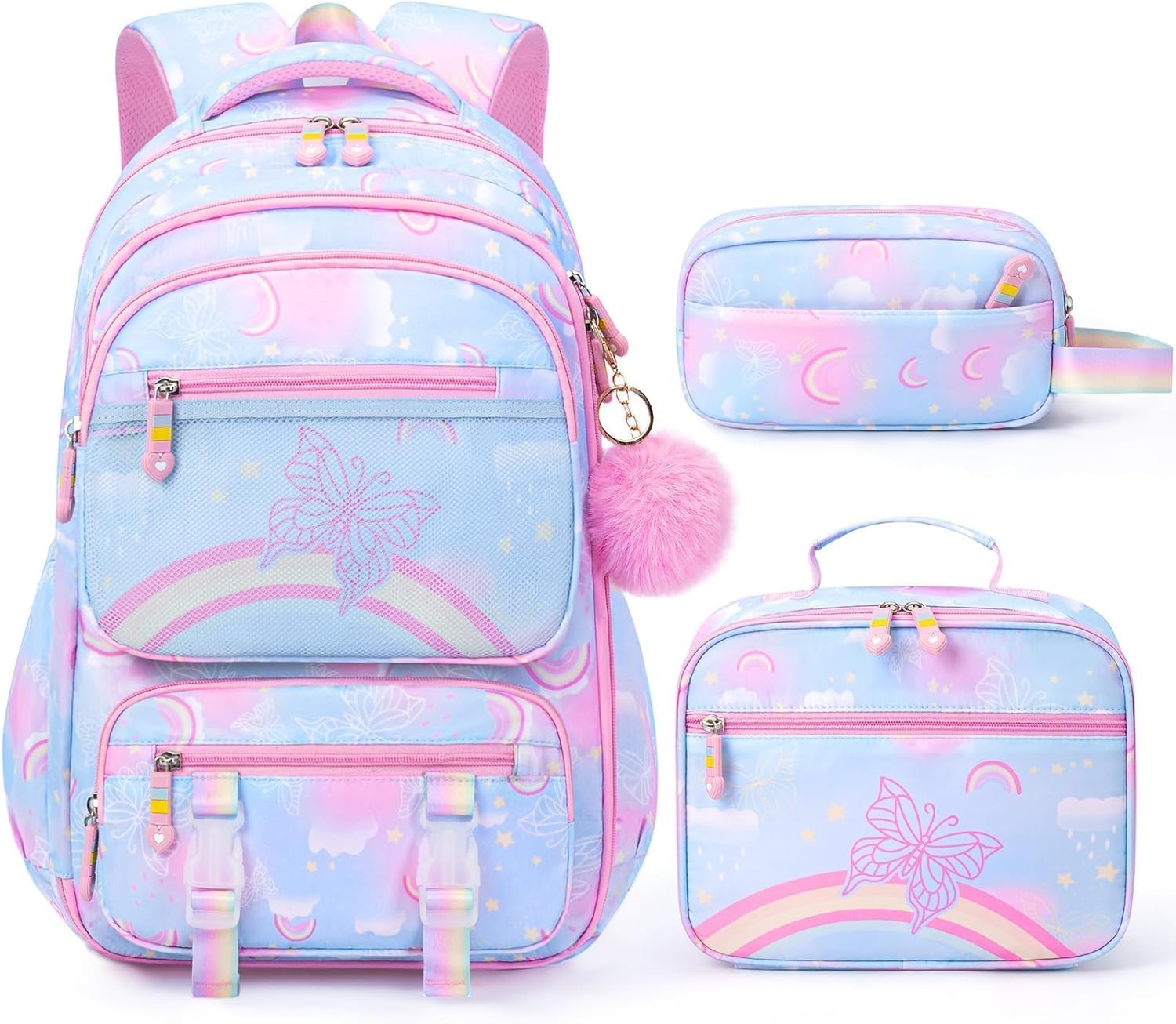 Fimibuke Girls 3PCS Backpack Set with Rainbow & Butterflies, Lunch Box & Pencil Case