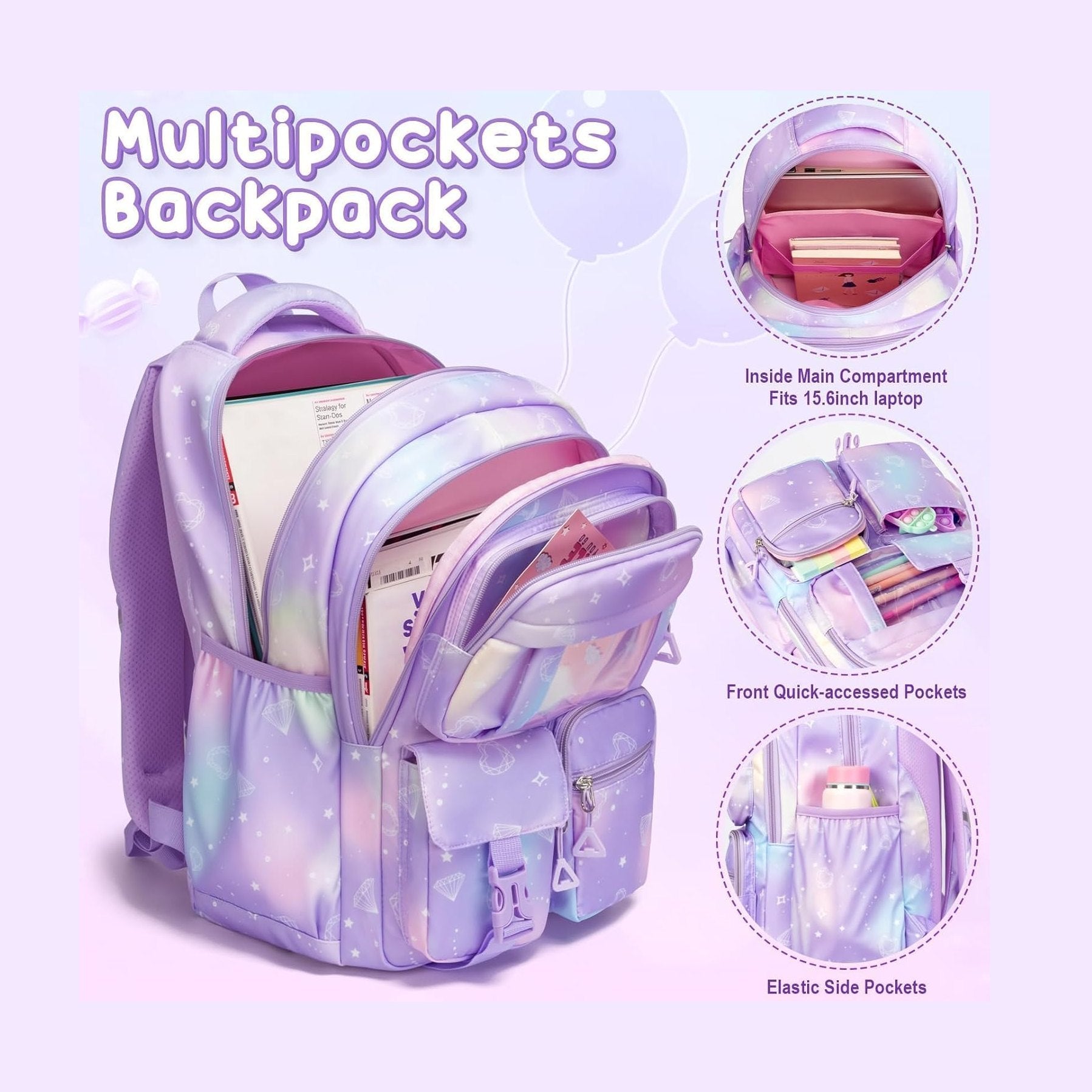 Fimibuke Girls 3-Piece Lightweight Backpack Set with Lunch Bag - Gray Daisy