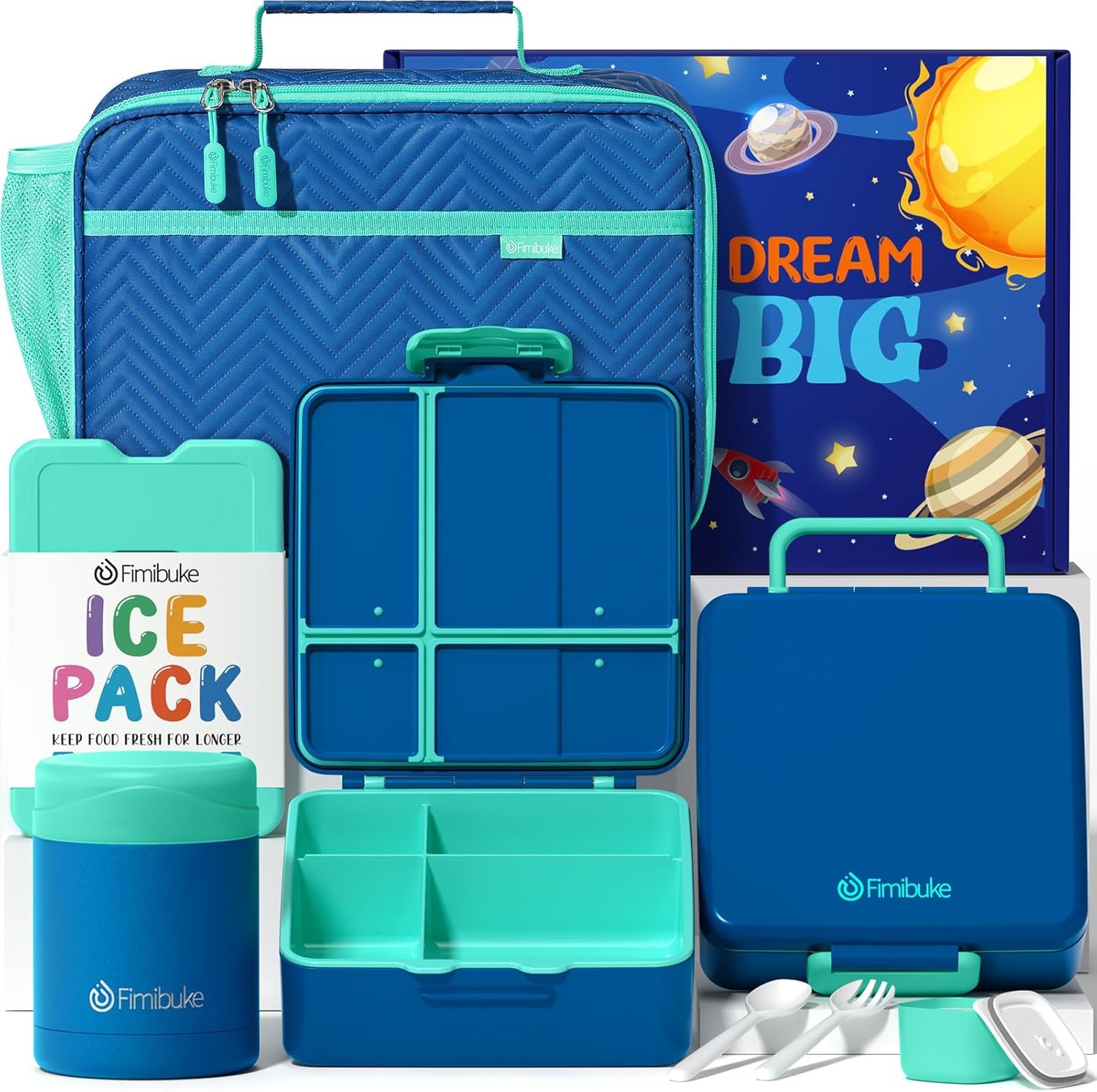 Fimibuke Kids Bento Lunch Box 4-Compartment with Insulated Bag, Vacuum Thermos & Utensils Set