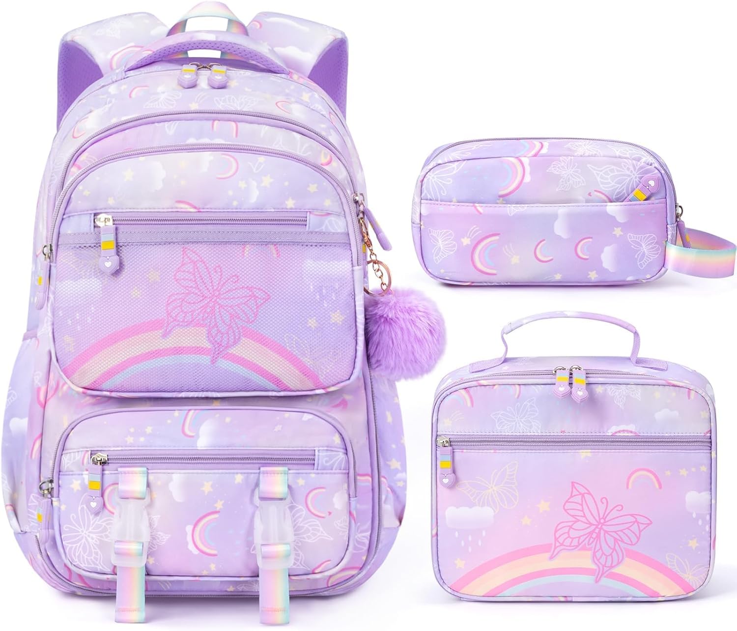 Fimibuke Girls 3PCS Backpack Set with Rainbow & Butterflies, Lunch Box & Pencil Case
