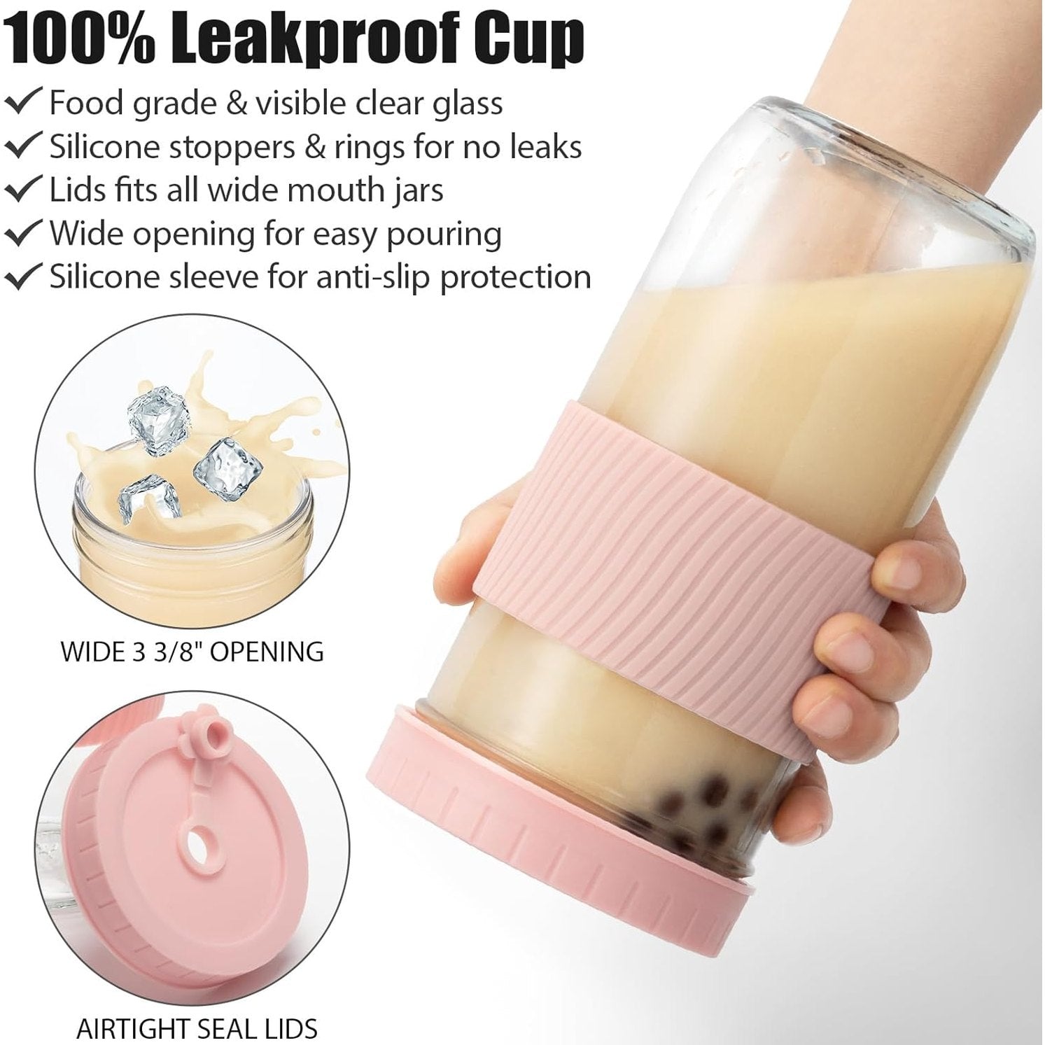 Fimibuke 24oz Glass Bubble Tea Cups with Lids & Straws, 4-Pack - black-coffee