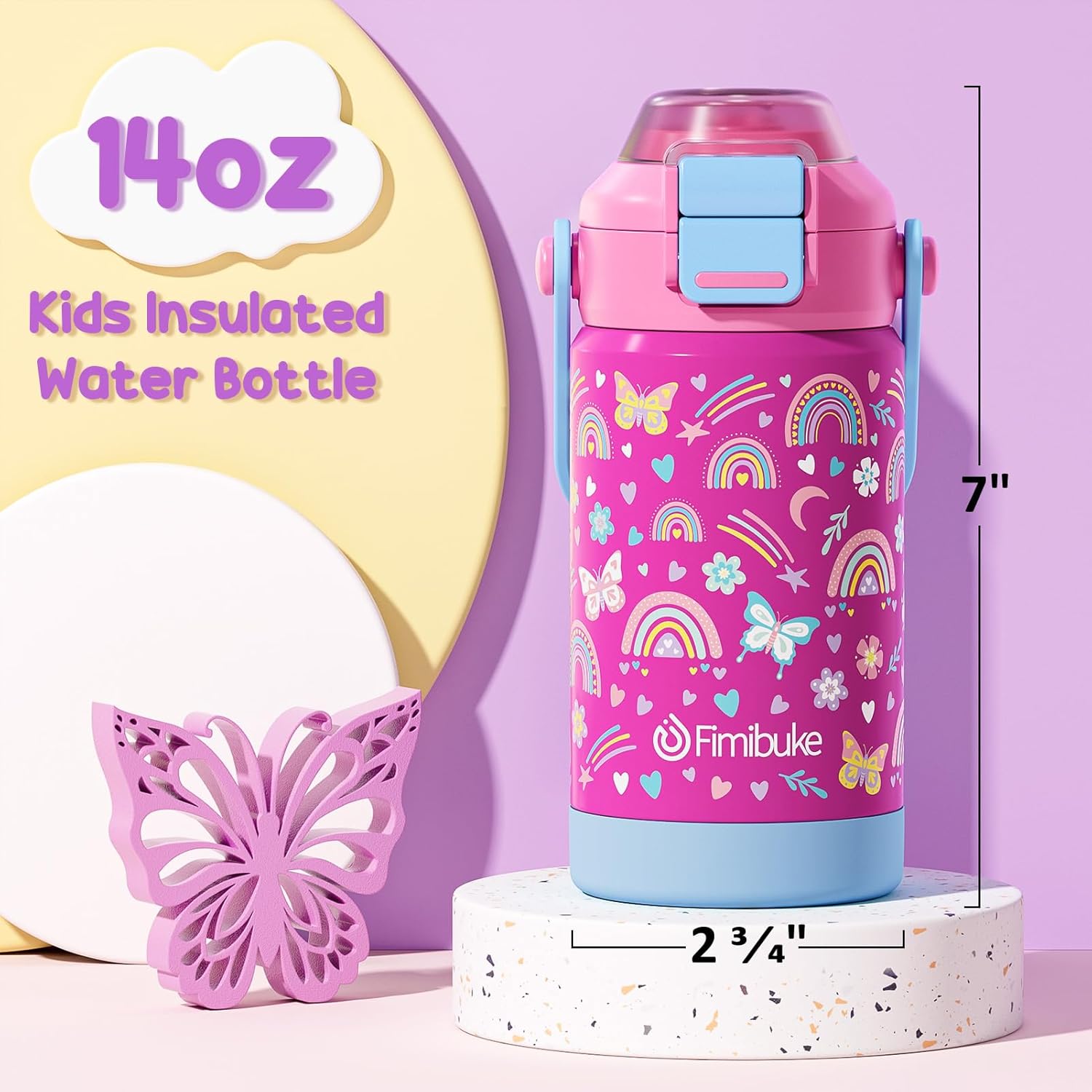 Fimibuke Kids Insulated Water Bottle with 2-in-1 Straw & Spout Lid - Dinosaur & Monster Car