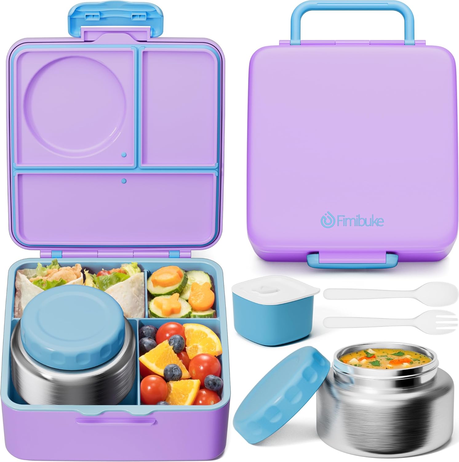 Fimibuke Bento Box for Kids & Adults, Leak-Proof with 8.5oz Insulated Thermos, Utensils & Sauce Jar, 3-4 Compartments