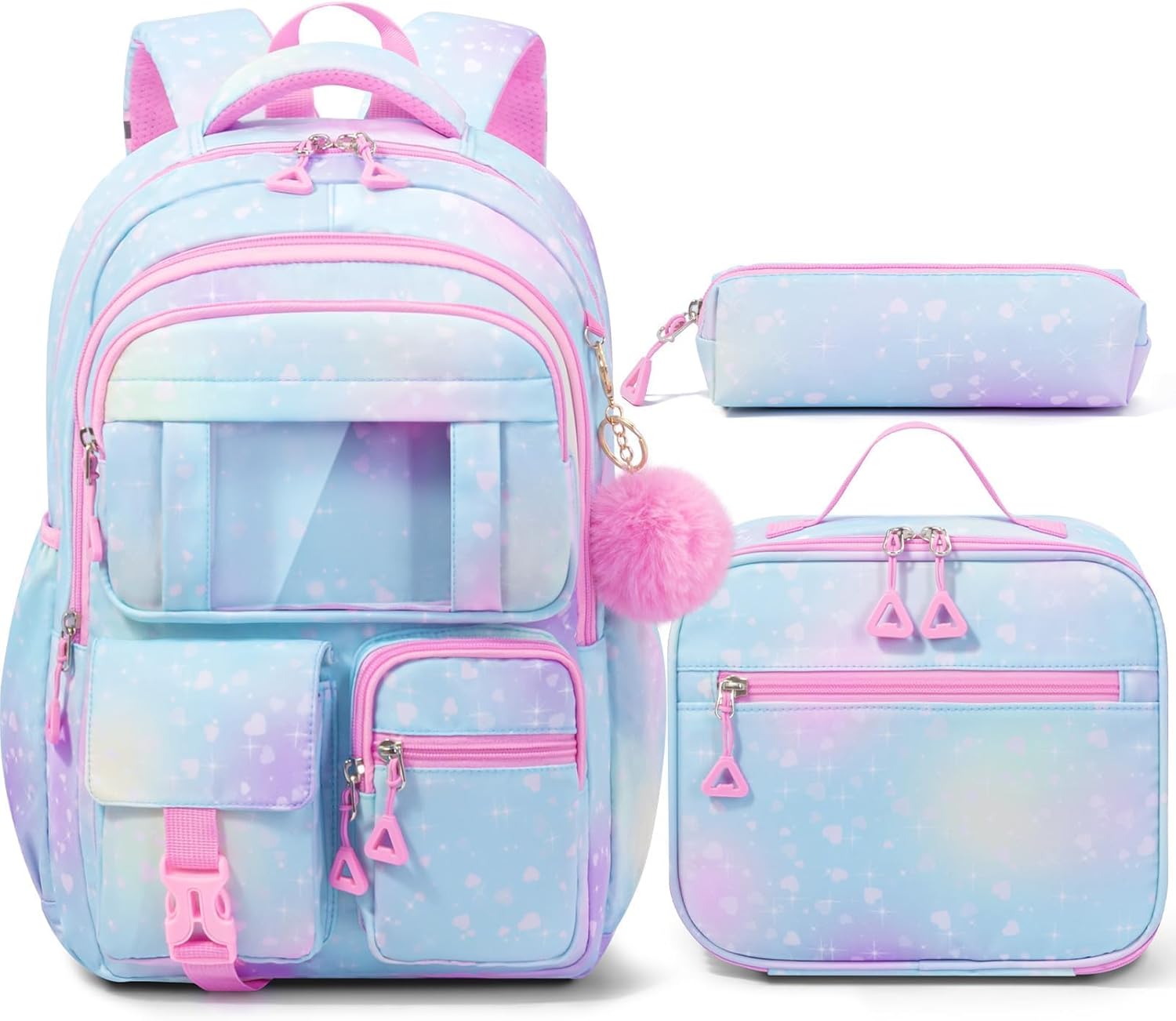 Fimibuke Girls 3PCS Waterproof Backpack Set with Lunch Box & Pencil Pouch, Lightweight School Bag