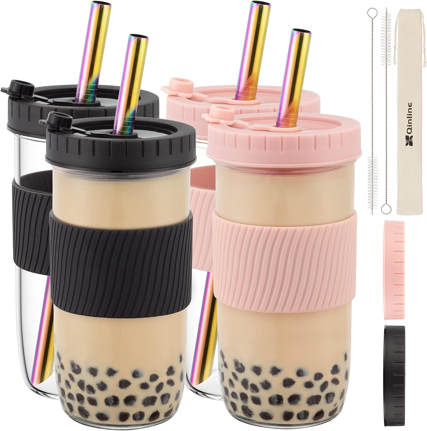Reusable 24oz Glass Mason Jar Cups with Lids & Straws