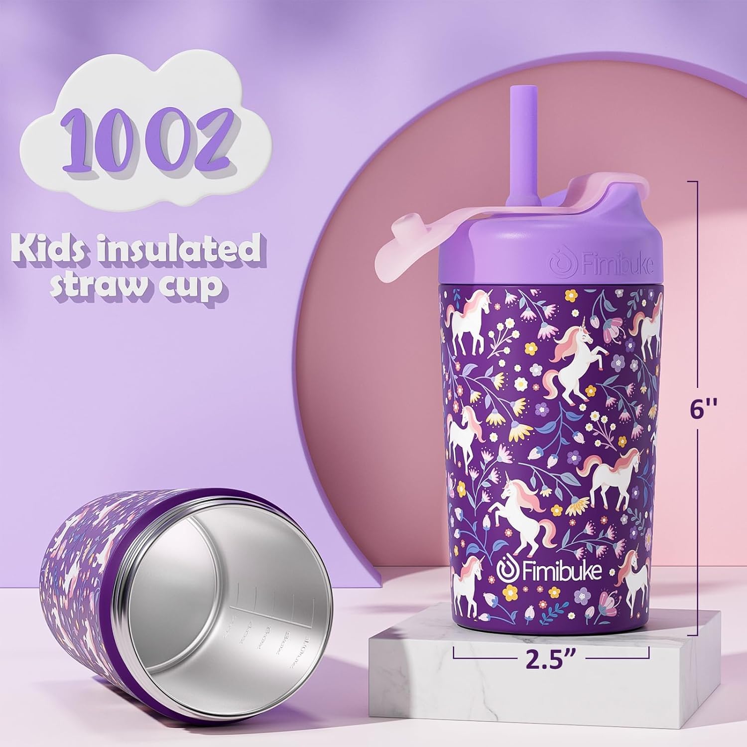 Fimibuke Kids & Toddler 10oz Spill-Proof Stainless Steel Cups with Straw