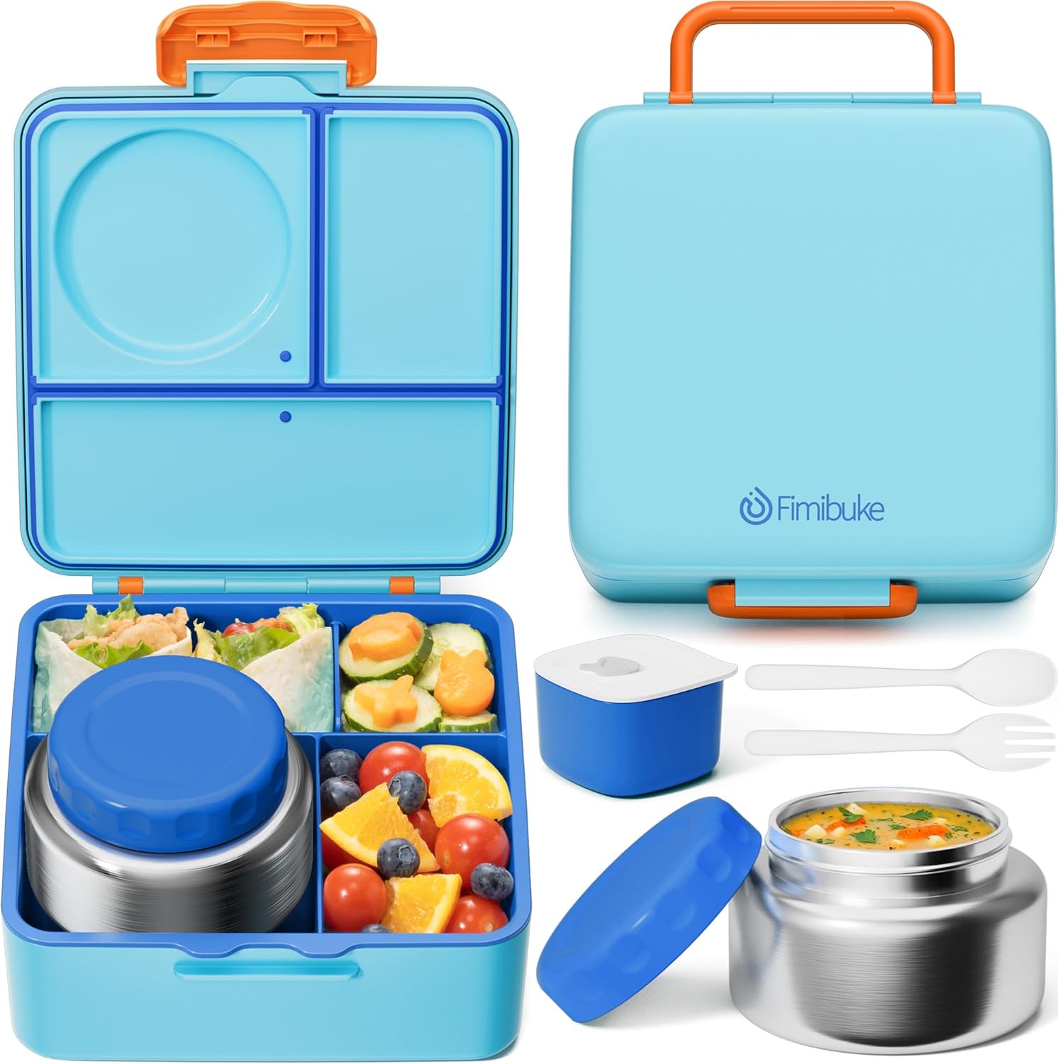 Fimibuke Bento Box for Kids & Adults, Leak-Proof with 8.5oz Insulated Thermos, Utensils & Sauce Jar, 3-4 Compartments