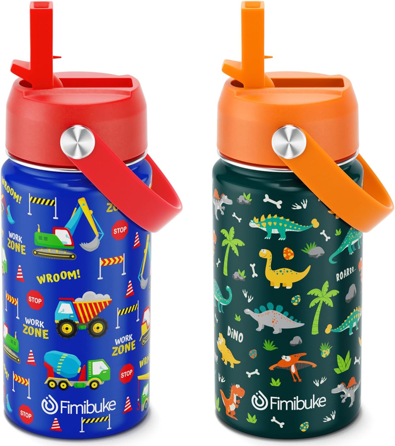Fimibuke Kids 14oz Insulated Water Bottle, Stainless Steel Leak-Proof Cups with Straw