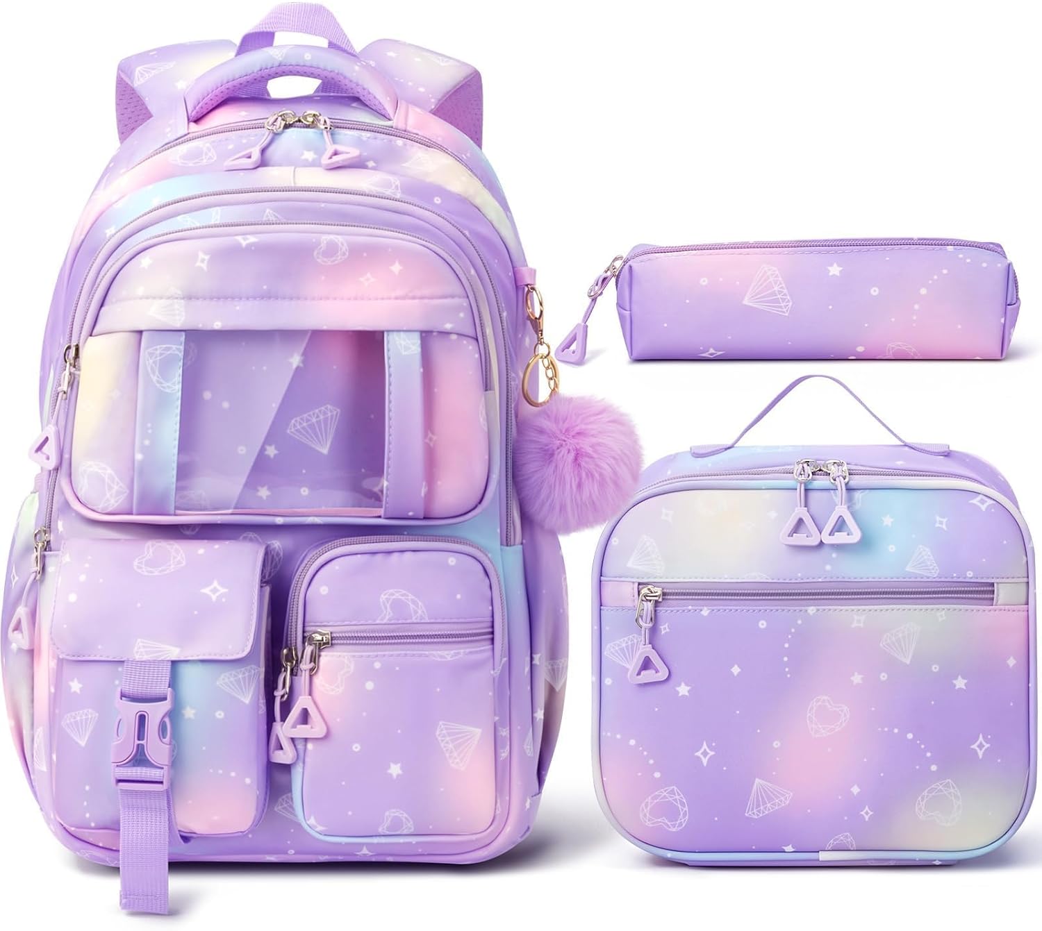 Fimibuke Girls 3PCS Waterproof Backpack Set with Lunch Box & Pencil Pouch, Lightweight School Bag