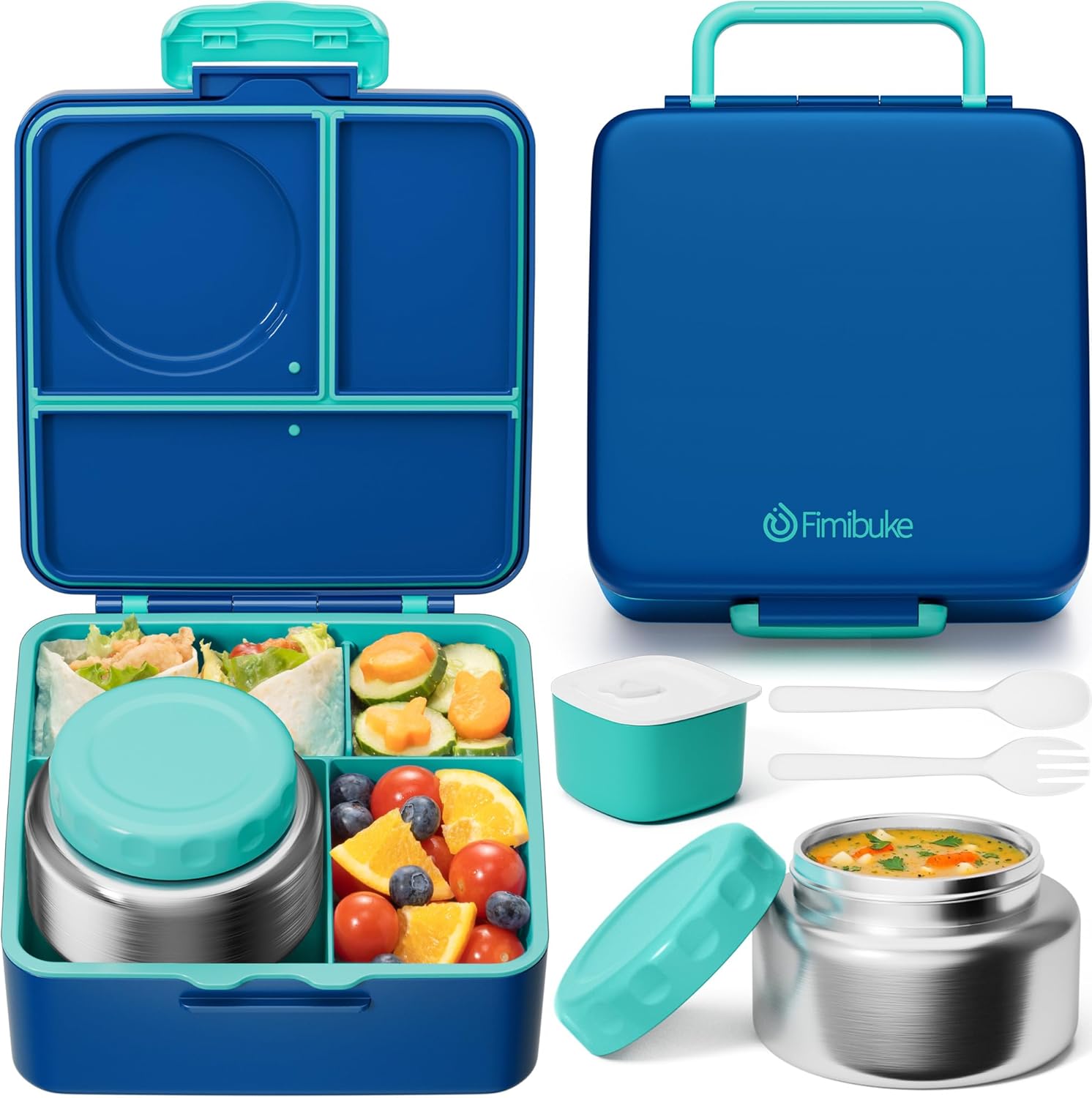 Fimibuke Bento Box for Kids & Adults, Leak-Proof with 8.5oz Insulated Thermos, Utensils & Sauce Jar, 3-4 Compartments