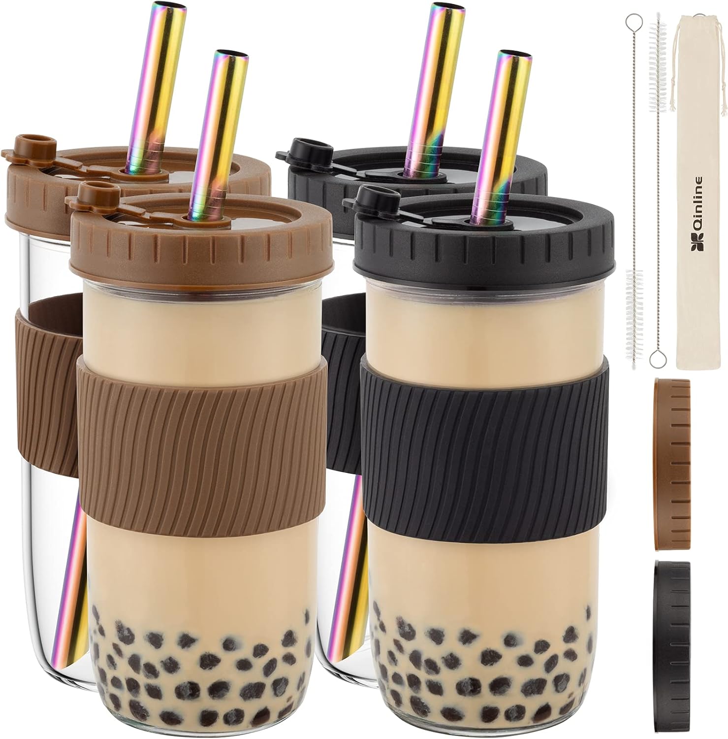 Reusable 24oz Glass Mason Jar Cups with Lids & Straws