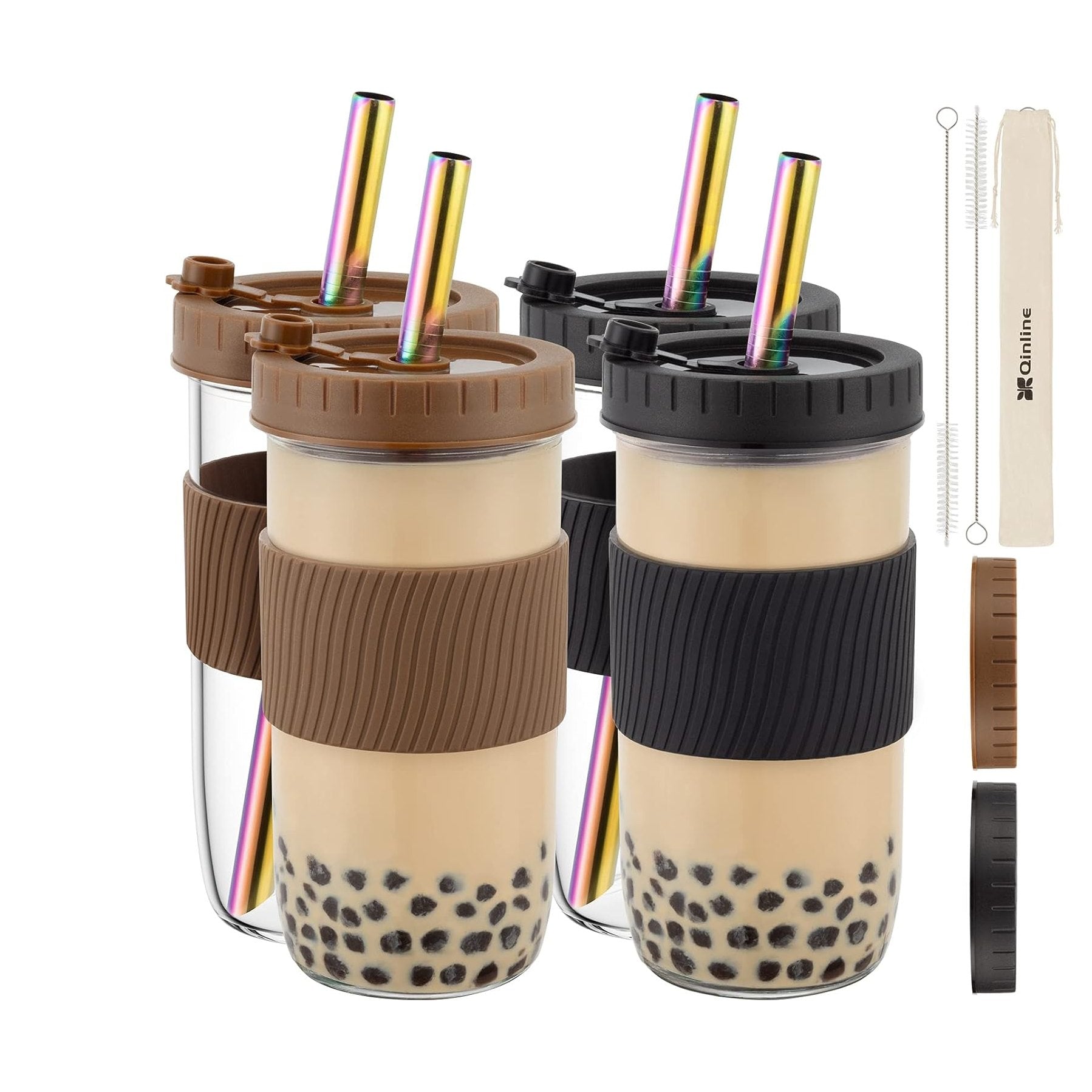 Fimibuke 24oz Glass Bubble Tea Cups with Lids & Straws, 4-Pack